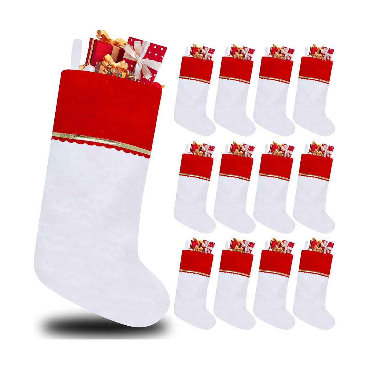 12 Pack Felt Christmas Stockings, 19 Inches White and Red Christmas Stockings, White Cuff with Gold Trim Christmas Stockings for Family Christmas Holiday Decorations