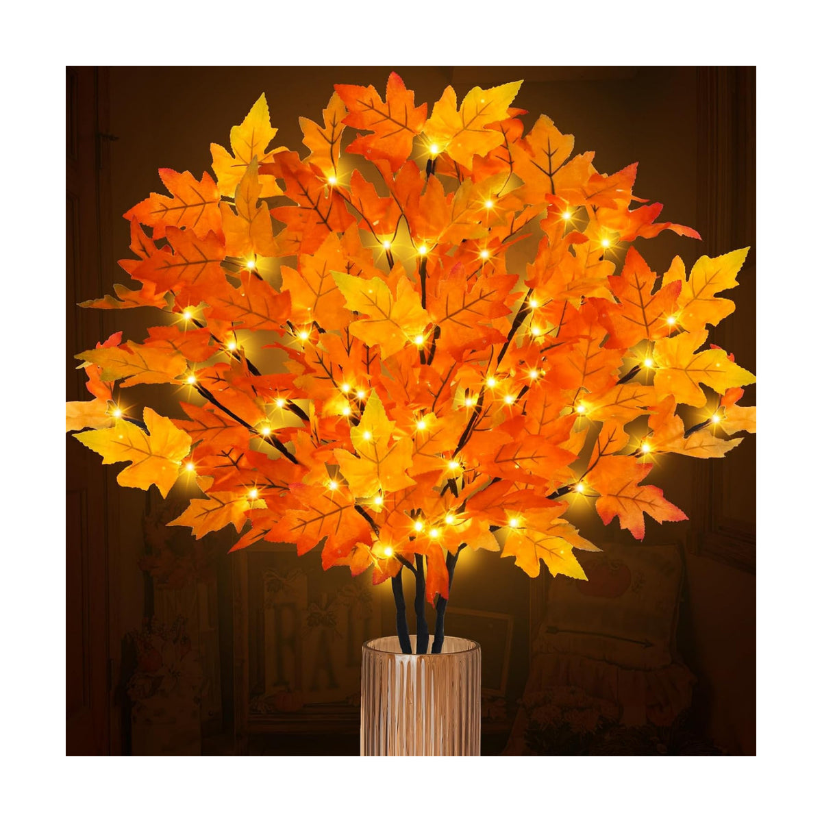 3Pcs 30”Lighted Maple Leaves Branches Stems with Timer Battery Operated 60 LEDs Fall Artificial Maple Branches with Lights for Vases Autumn Home Thanksgiving Halloween Christmas Decoration