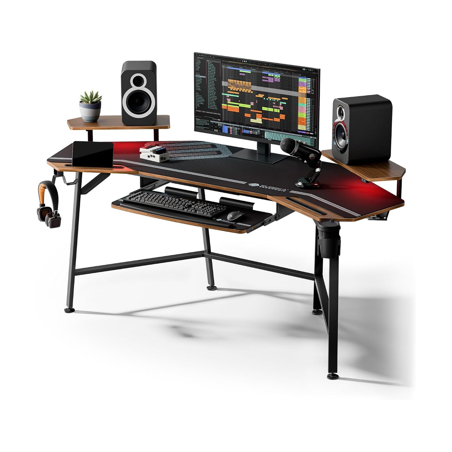 EUREKA ERGONOMIC Gaming Desk Wing Shaped Keyboard Tray 72 Inch Walnut | LED monitor stand with dual headphone hooks and