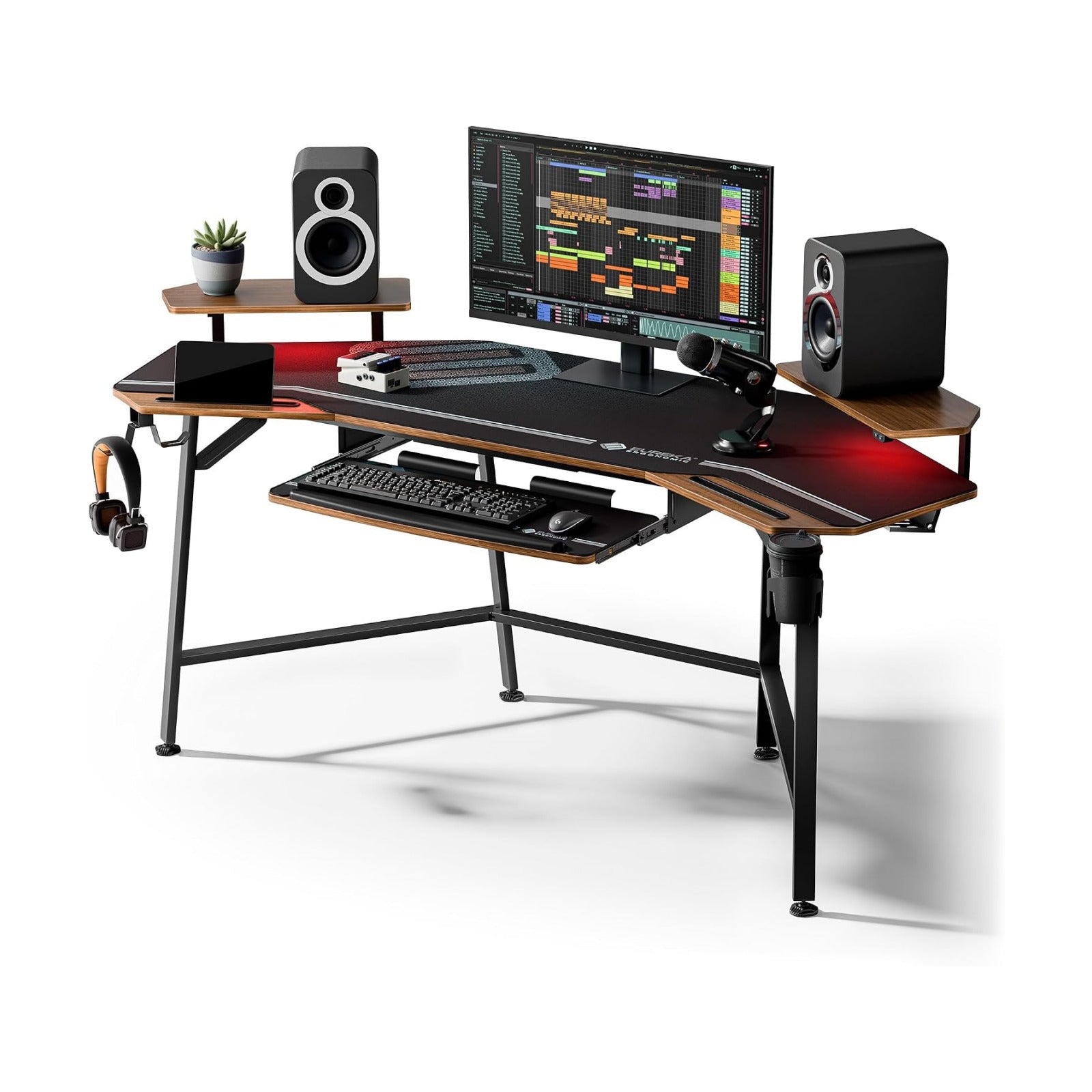 EUREKA ERGONOMIC Gaming Desk Wing Shaped Keyboard Tray 72 Inch Walnut | LED monitor stand with dual headphone hooks and