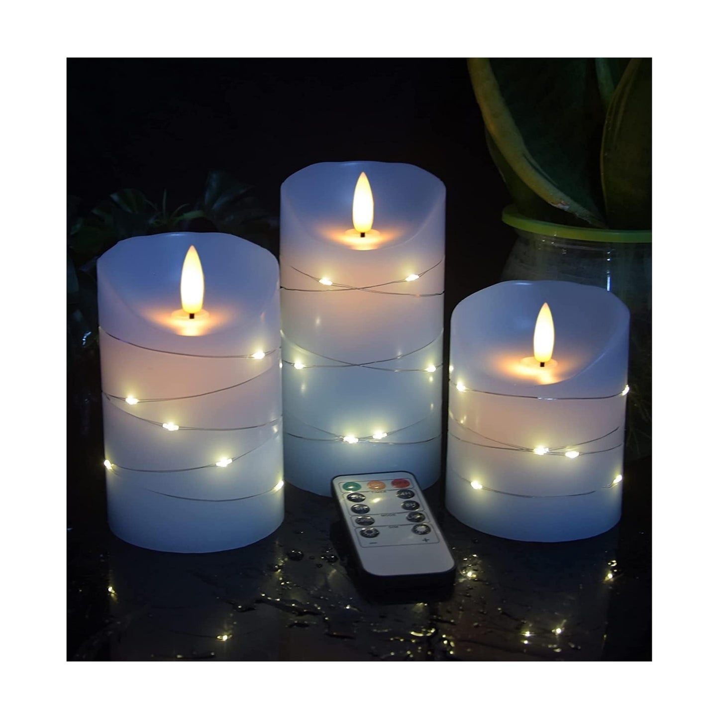 danip Sky Blue LED Flameless Candle, with Embedded Star String, 3-Piece Set of LED Candles, with 11 Button Remote