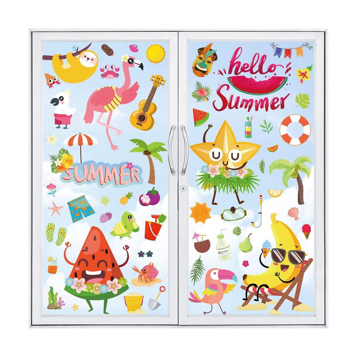 88Pcs Summer Window Clings, Summer Hawaii Gnomes Sun Beach Ice Cream Drinks Sunglasses Window Stickers Decals, Window Decals for Summer Party Decor Tropical Themed Party Beach Party Decor