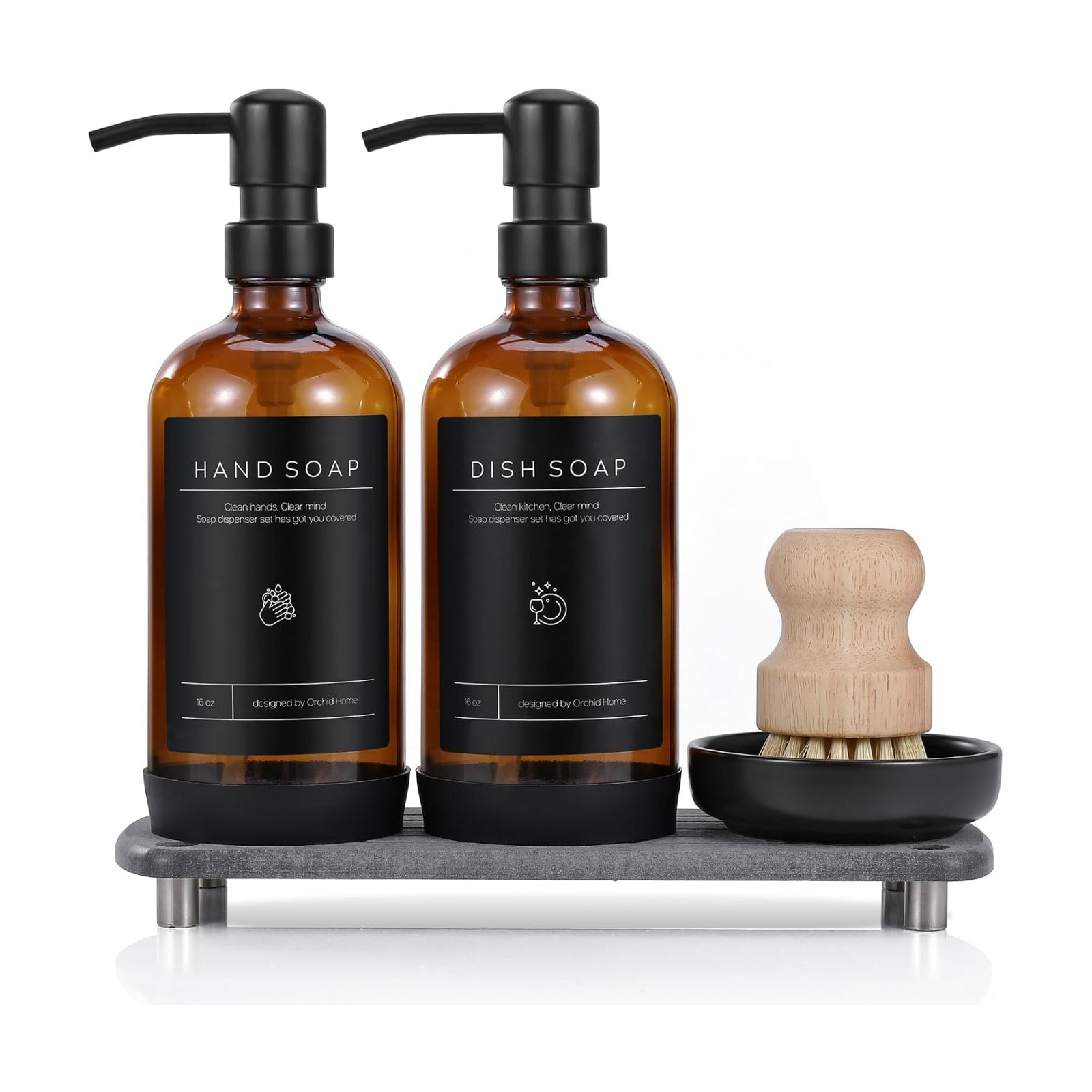 [Luxury] Kitchen Soap Dispenser Set - 16OZ Amber Glass Bottle, Stainless Steel Pump, Instant Dry Tray, Waterproof