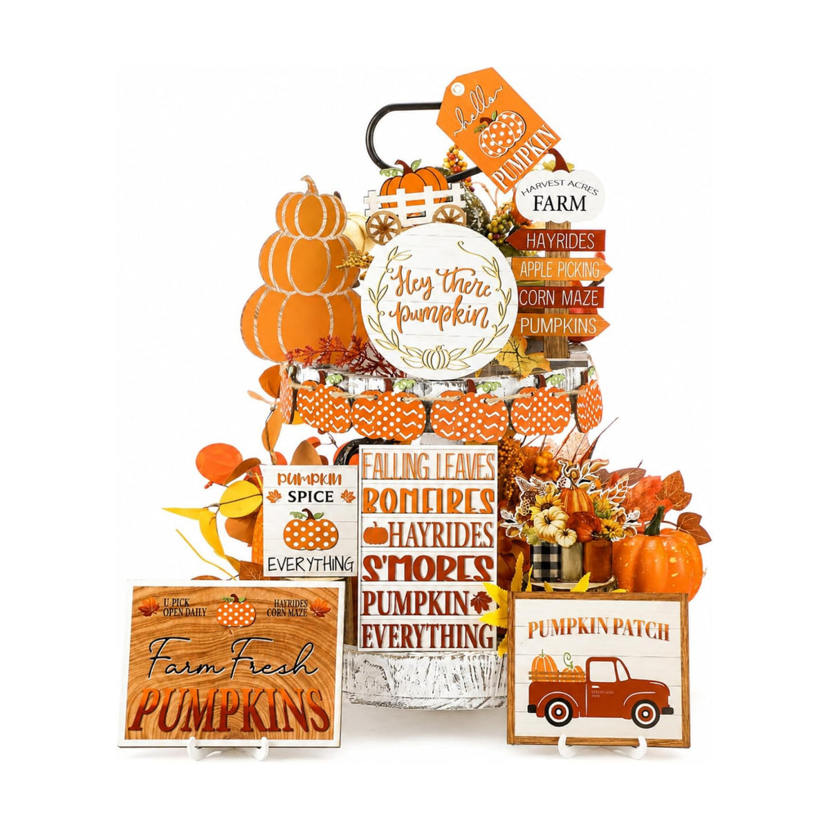 FairySandy 16 Pcs Fall Tiered Tray Decor Set, Pumpkin Wood Signs