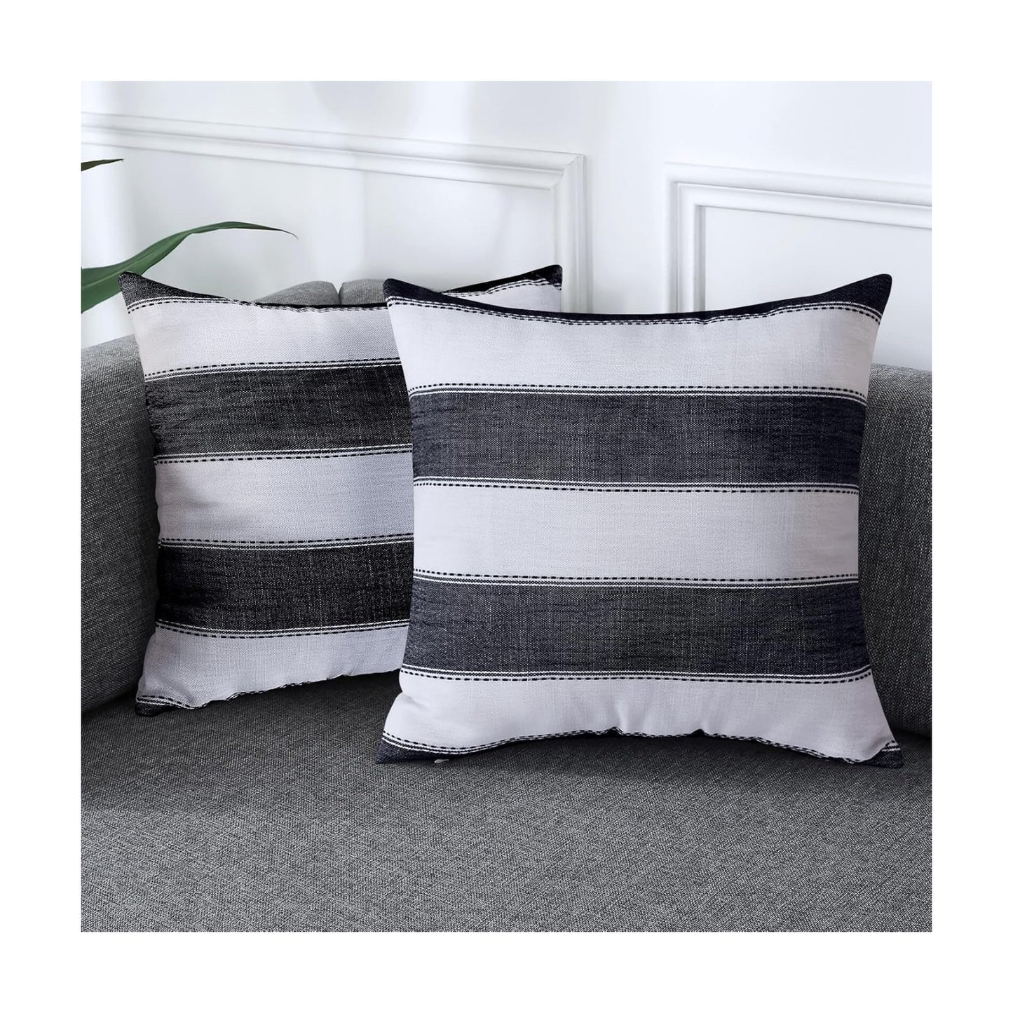 Farmhouse Stripe Check Throw Pillow Covers Set Case Cotton Linen / 18 x 18 / Black / Set of 2