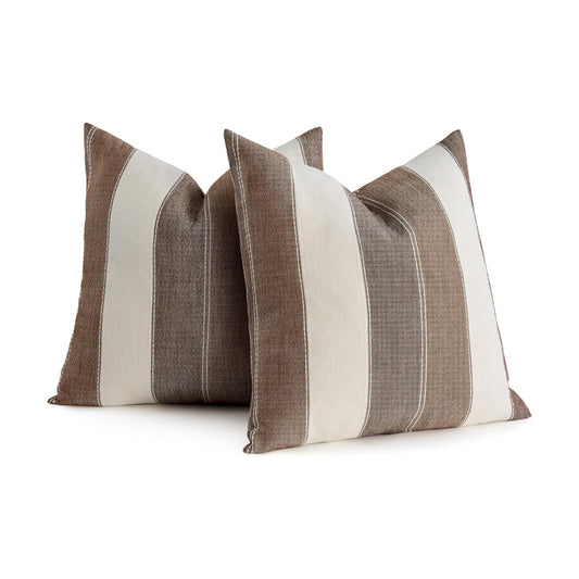 Farmhouse Stripe Check Throw Pillow Covers Set Case Cotton Linen / 18 x 18 / Brown / Set of 2