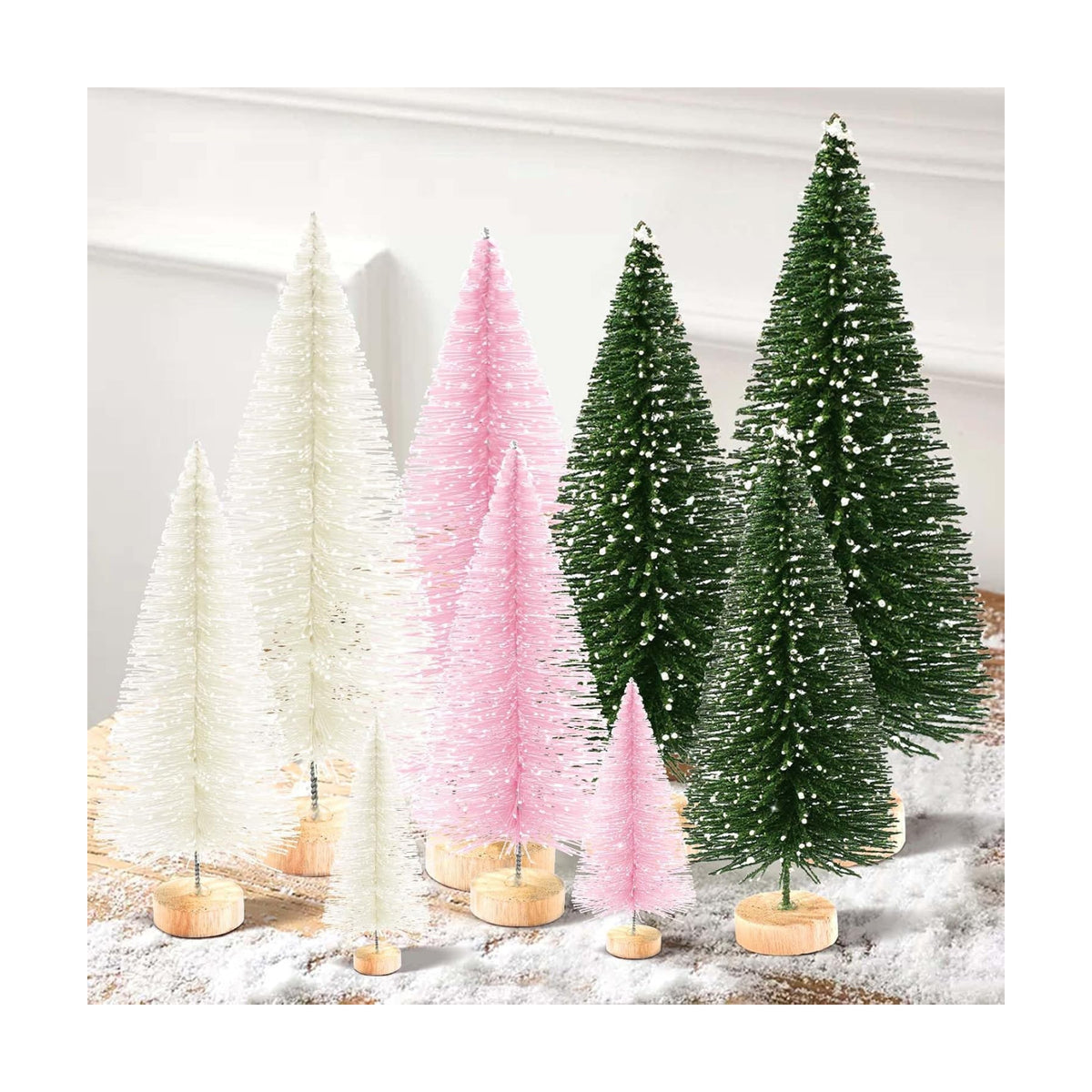 9Pcs Mini Christmas Trees Christmas Decor Artificial Christmas Decorations with 4 Sizes, Christmas Tree Bottle Brush Trees Christmas Table Decorations (Green Beige Pink)