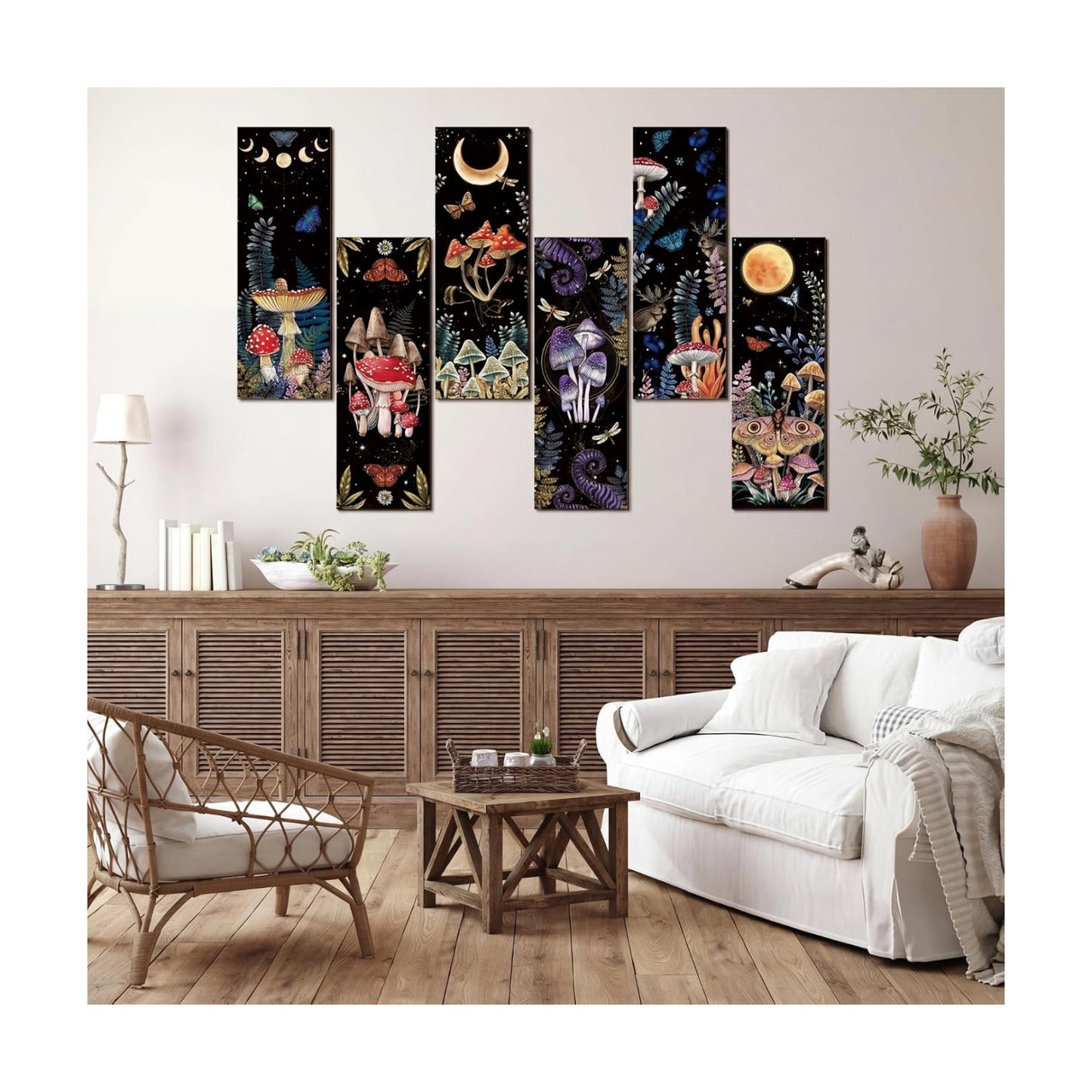 Mushroom Wall Decorations Gothic Wall Decor Minimalist Wooden Boho Hanging Witchy / Set of 6