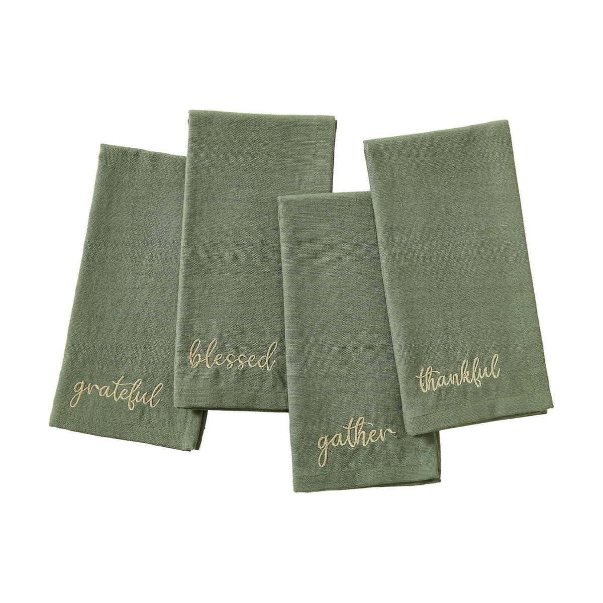 Threadmade Harvest Sentiment Embroidered Napkins, Set of 4, Green - 17" W x 17" L