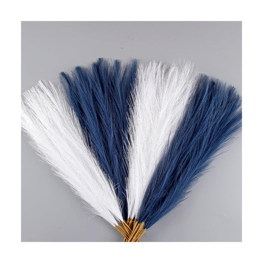 Pompas Grass Flower Arrangement and Vase / 17'' Tall / Navy Blue& White / Set of 30