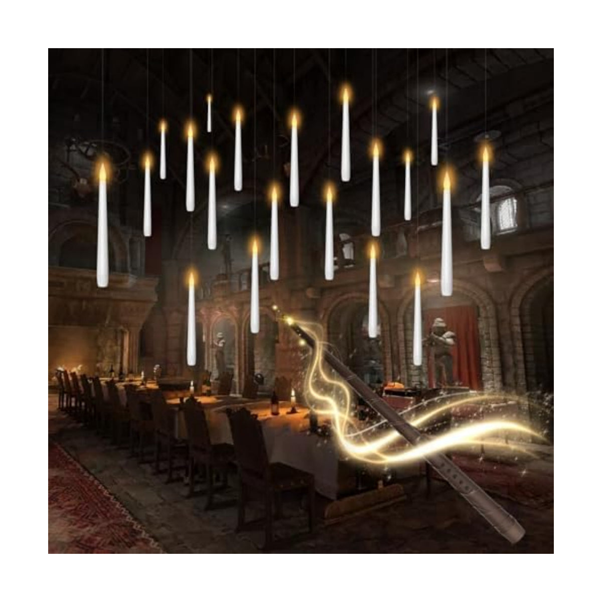 kakoya Flameless Floating Candles with Wand，20 Pcs Magic LED Hanging Taper Candles，Flickering Battery Operated Taper Candle with Wand Remote for Halloween Decorations Best Gift（White）