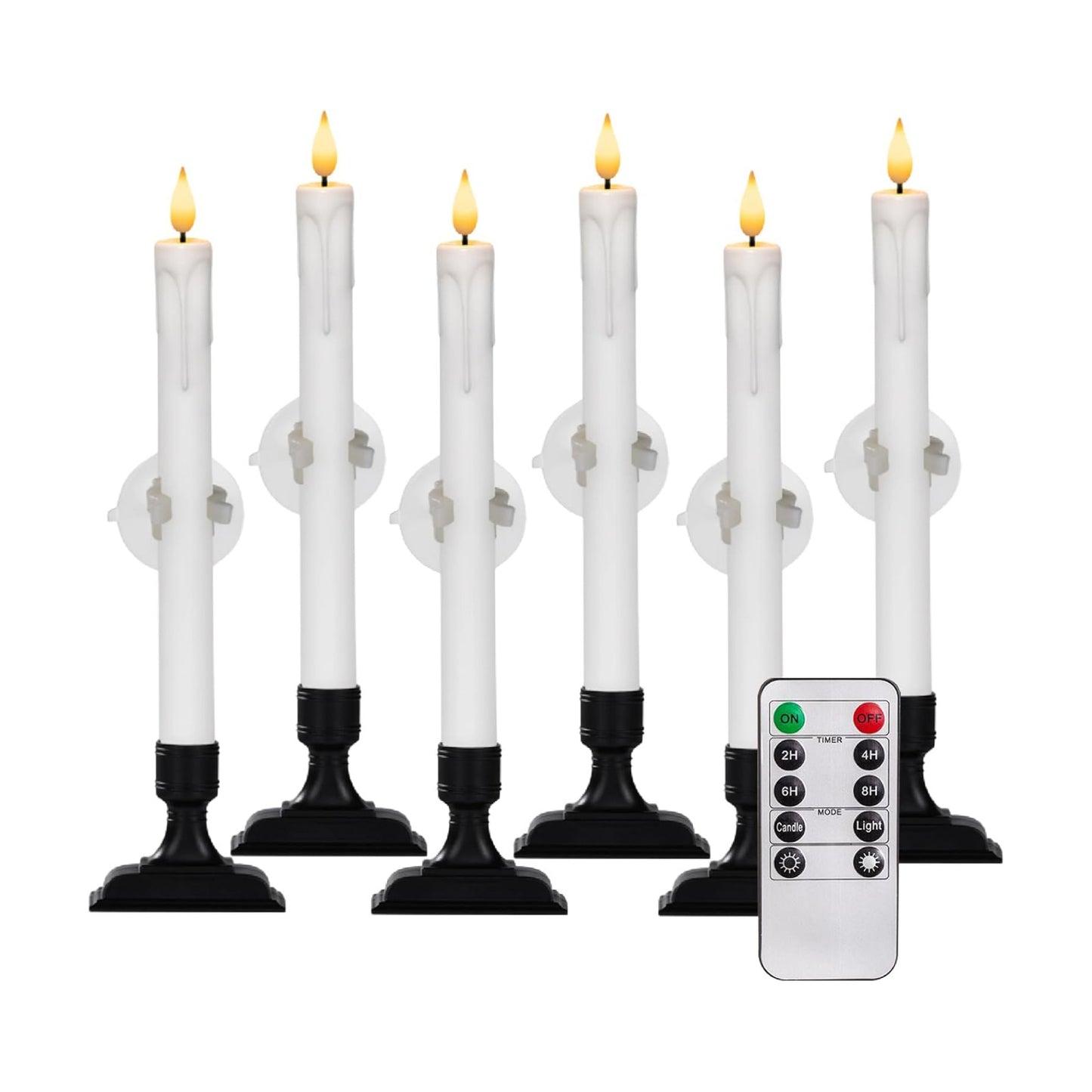 Homemory 6 Pcs Window Candles with Remote Timer Dimmer, Battery Operated Candlesticks with Holders and Suctions, White