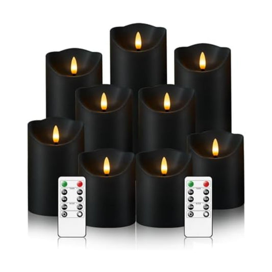 Nimiko Flameless Candles with Remote, Battery Operated Flickering Flameless Candles, LED Candles with Timer 2/4/6/8H, with Realistic LED Candles Set of 9 (D3 x H 3" 4" 5" 6" 7") (Black)