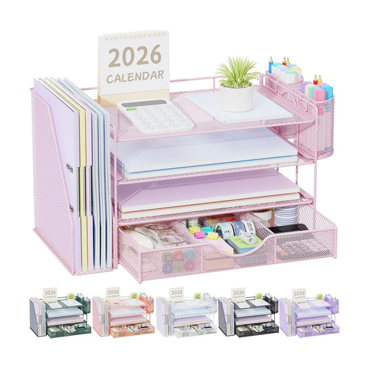 gianotter Desk Organizers and Accessories with File Holder, 4-Tier Desk Accessories & Workspace Organizers with Drawer