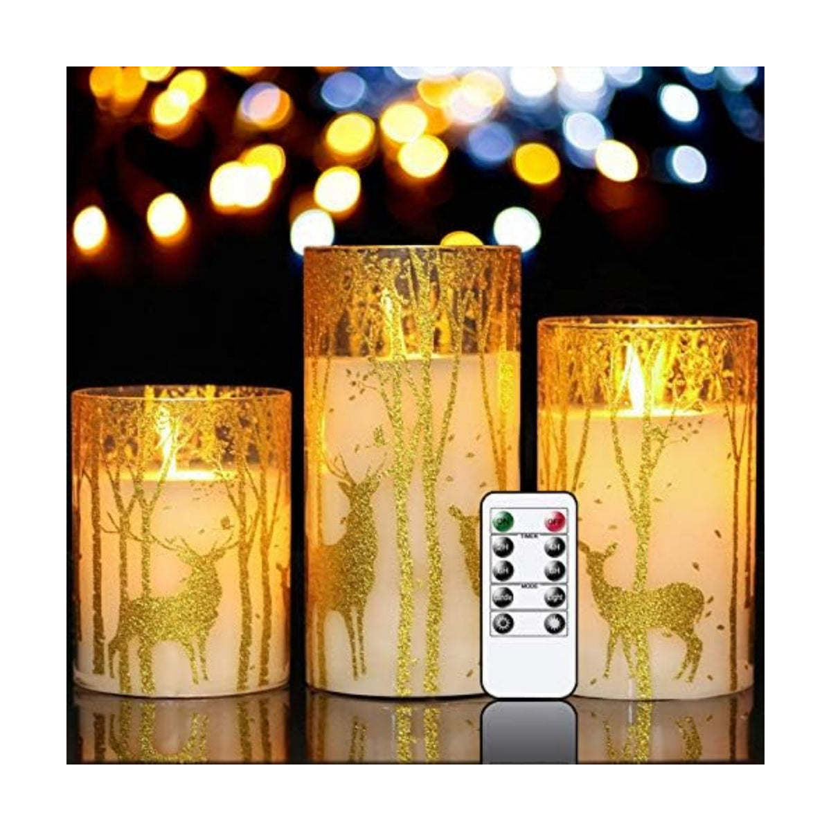 GenSwin Glass Flameless Candles with Elk Decor and Remote Timers, Battery Operated Moving Wick Led Flickering Light, Set of 3 Real Wax Pillar Candles for Christmas Home Decoration