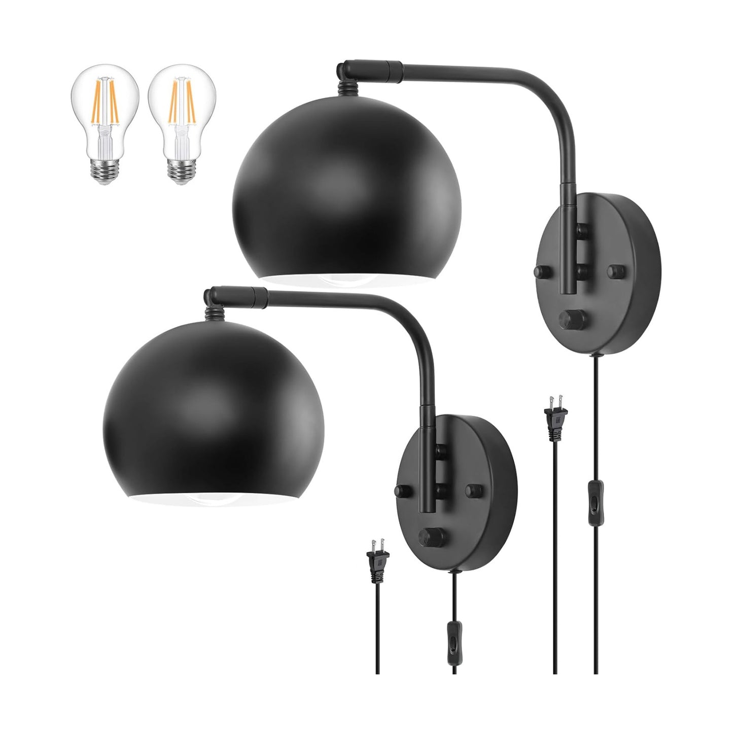 VATONI Dimmable Wall Sconces Set of 2, Plug in Wall Sconces Swing Arm Wall Lights with Plug in Cord and Dimmer On/Off