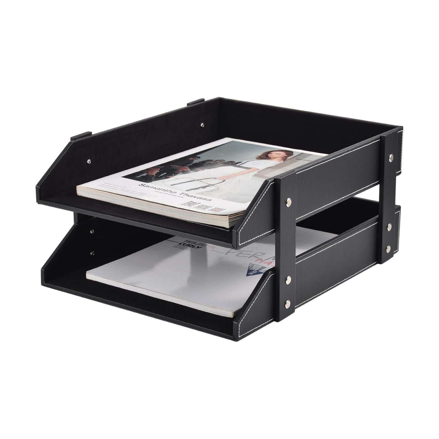 Leather Desk Organizer,2-Tier Stackable Letter Tray Holder,Office Supplies Desktop Storage Box for