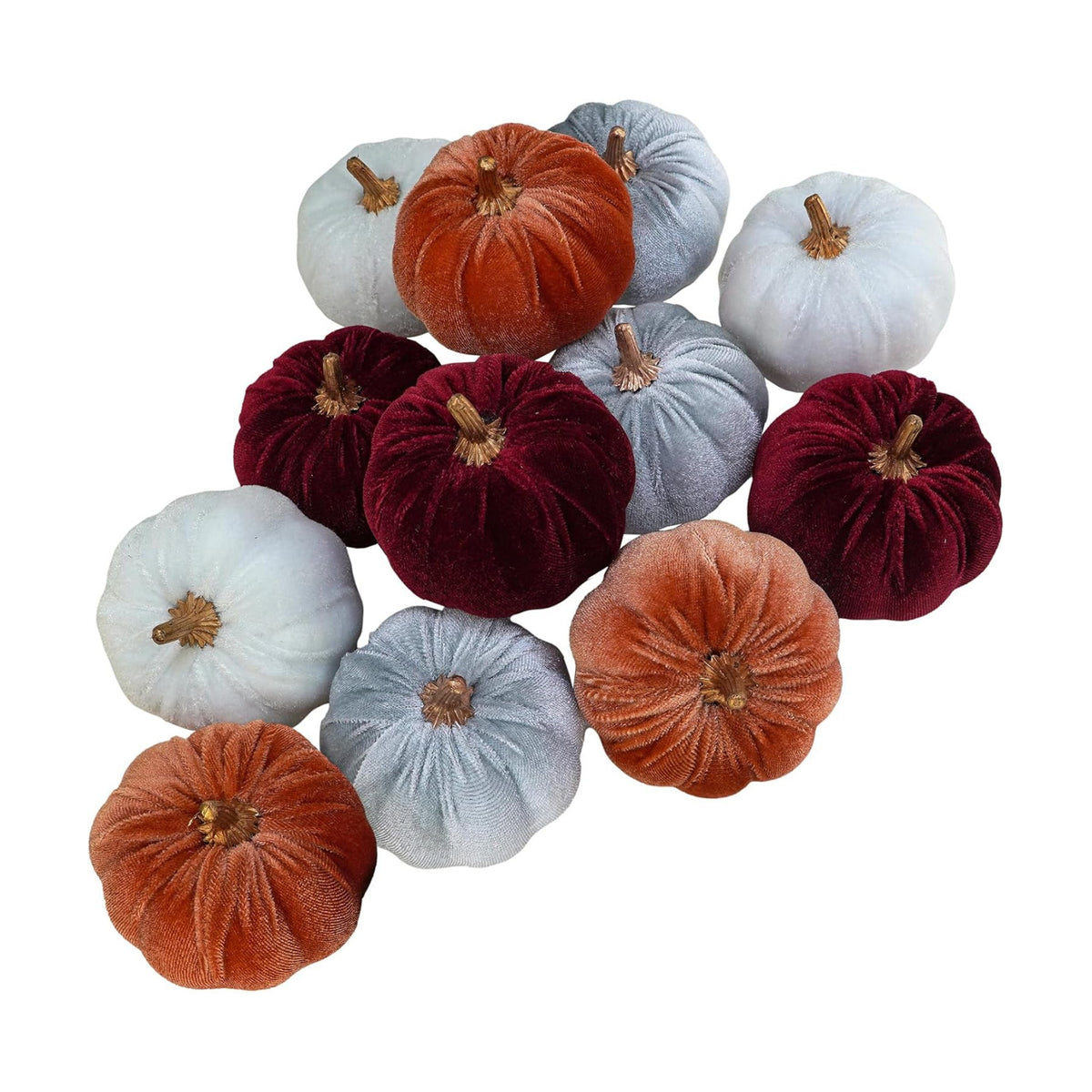 Winlyn 12 Pcs Assorted Small Faux Rustic Velvet Pumpkins Decorative Fabric Foam Pumpkins in Burgundy Bronze Gray White 3" for Fall Wedding Halloween Thanksgiving Table Centerpiece Décor