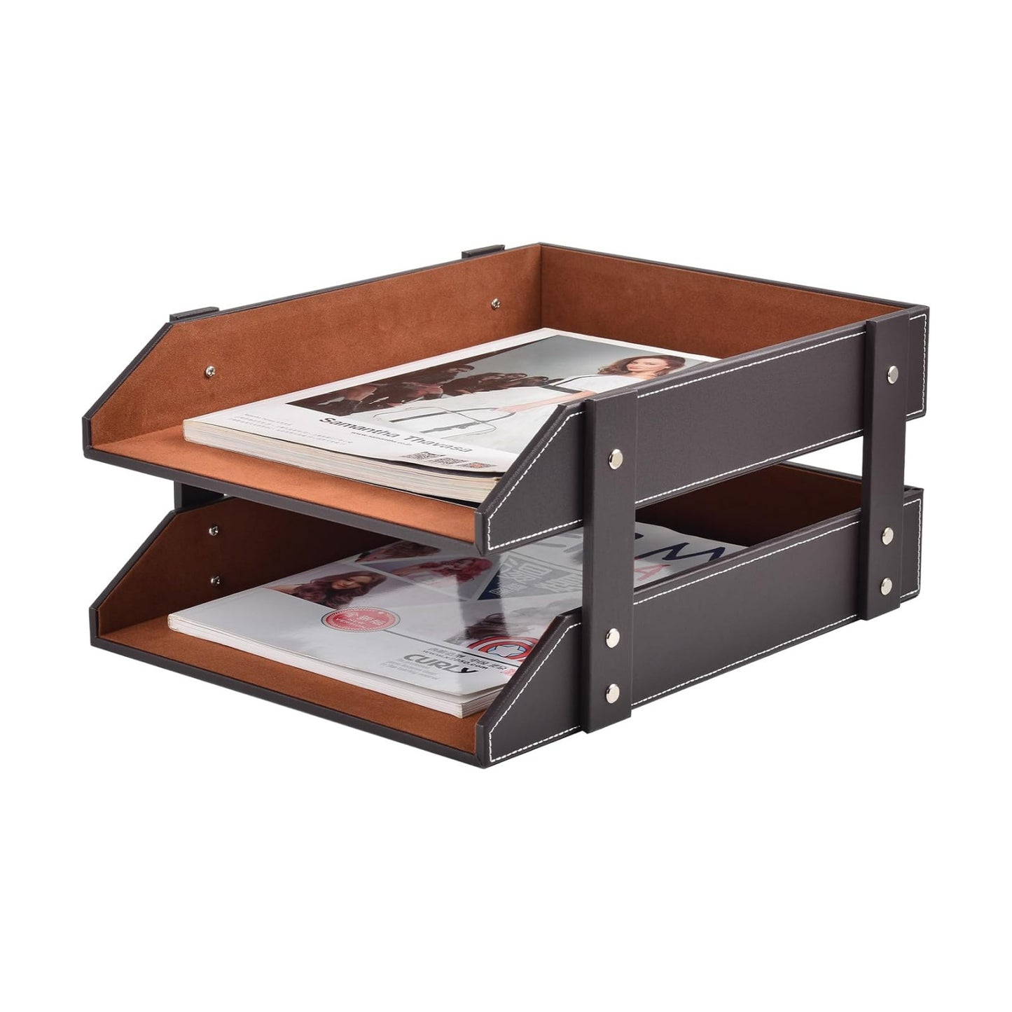 Leather Desk Organizer,2-Tier Stackable Letter Tray Holder,Office Supplies Desktop Storage Box for