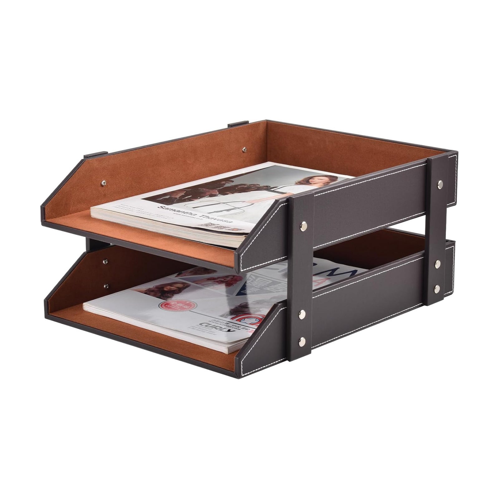 Leather Desk Organizer,2-Tier Stackable Letter Tray Holder,Office Supplies Desktop Storage Box for