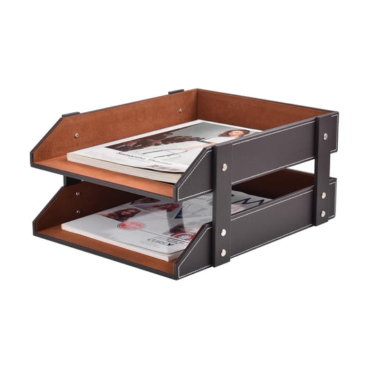 Leather Desk Organizer,2-Tier Stackable Letter Tray Holder,Office Supplies Desktop Storage Box for