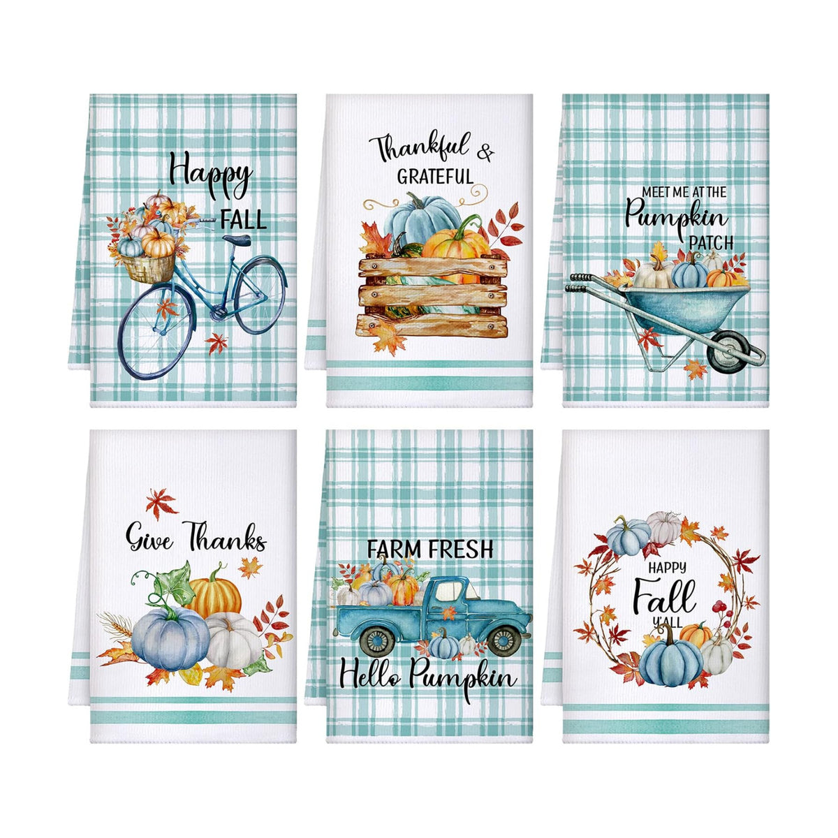 Sratte 6 Pcs Fall Kitchen Towels Blue Pumpkin Buffalo Plaid Dish Towels
