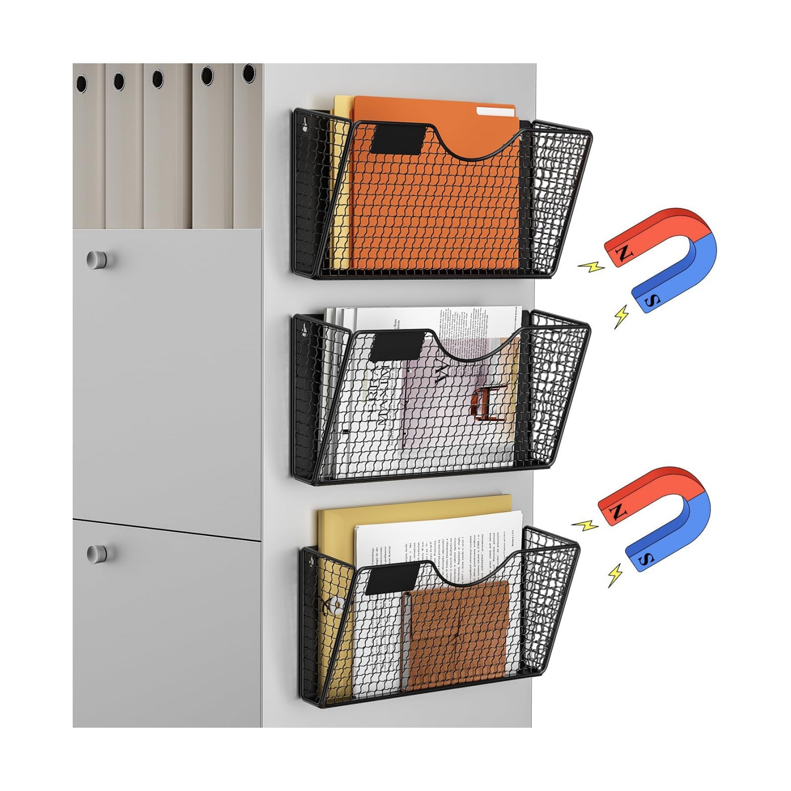 MFTEK Magnetic File Holder, 3 Pockets Magnetic File Folder Holder No Drilling Magnet Paper Mail Organizer Magazine