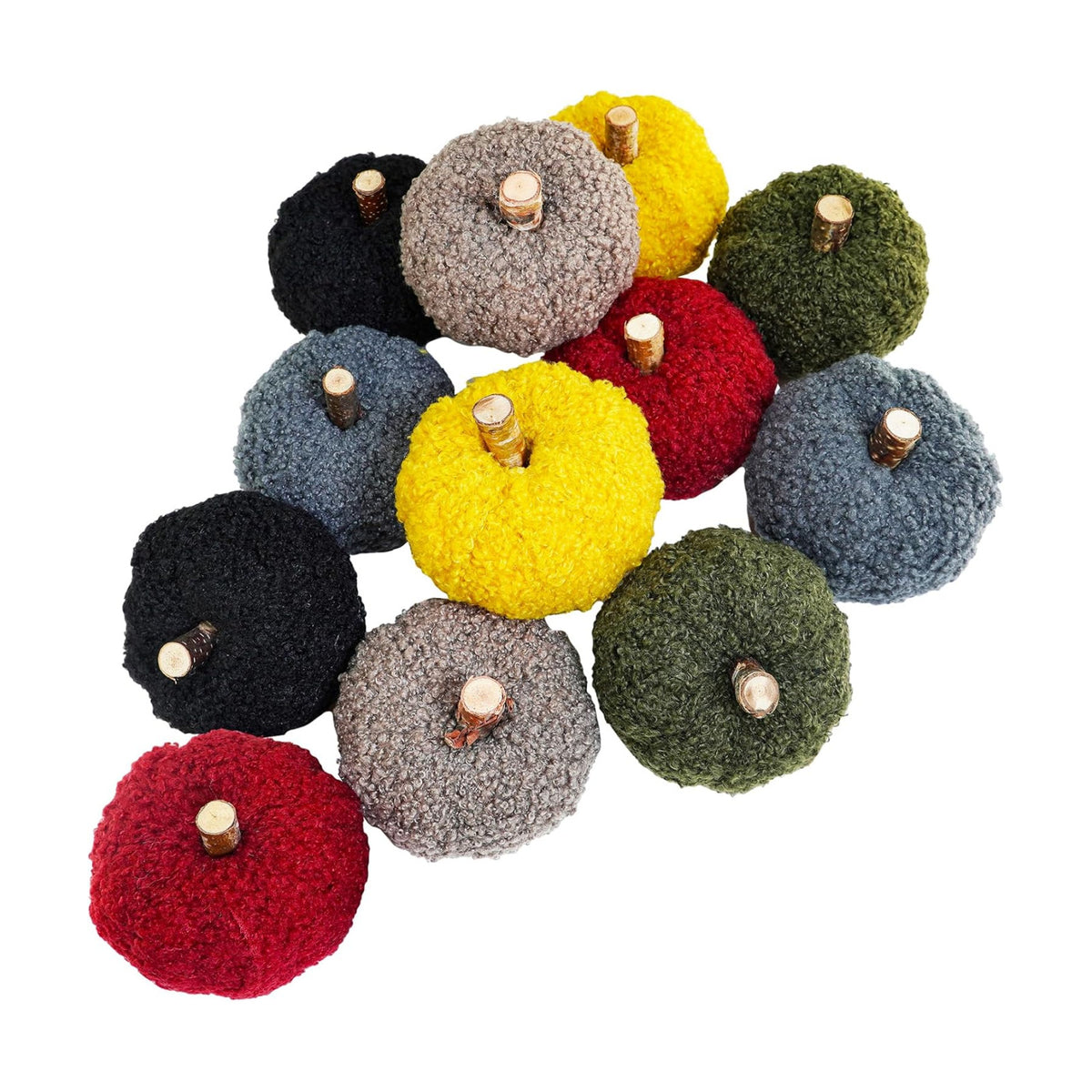 Winlyn 12 Pcs Assorted Small Faux Sherpa Pumpkins Decorative Burgundy Yellow Olive Gray Taupe Black Fabric Foam Pumpkins for Farmhouse Fall Thanksgiving Halloween Table Centerpiece Decor