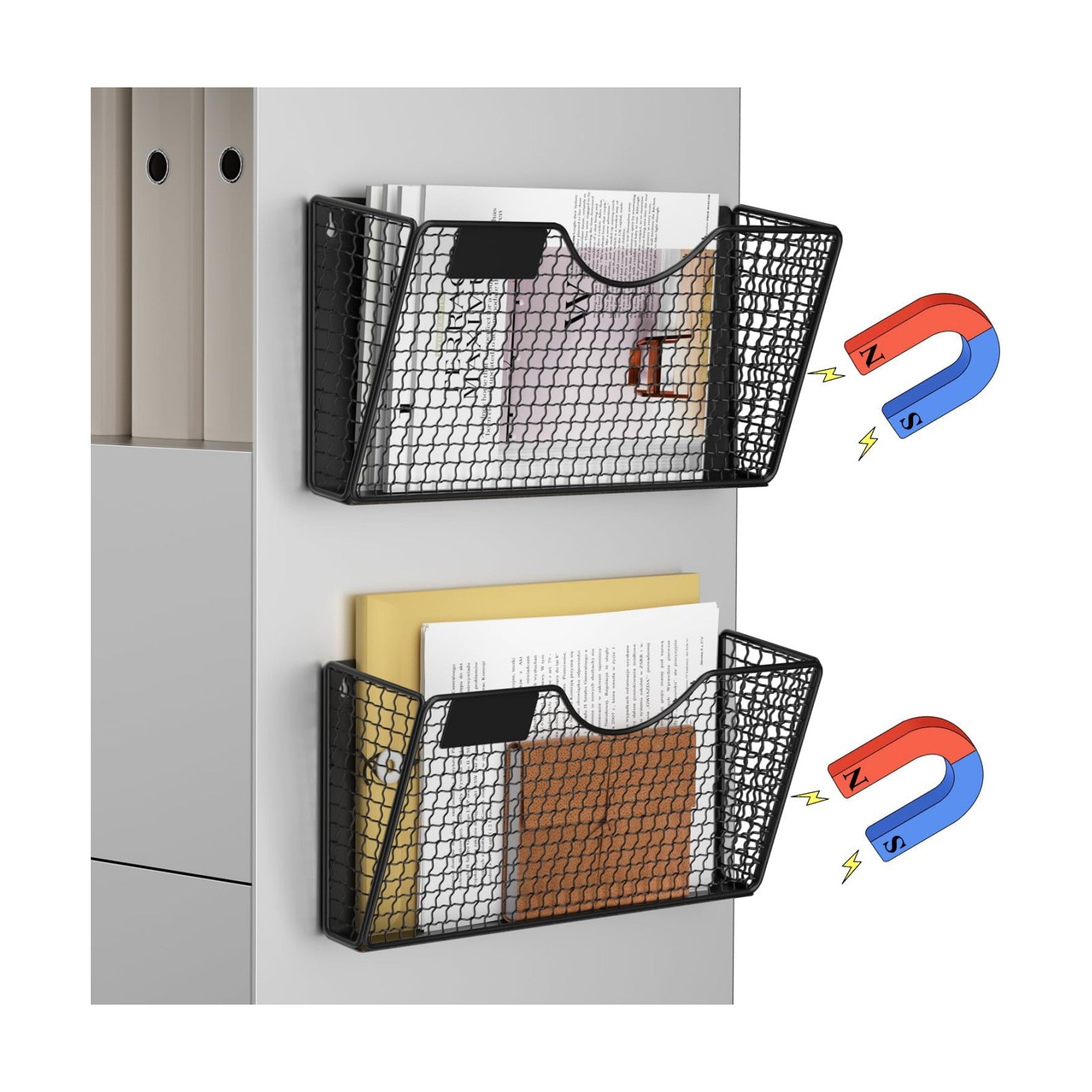 MFTEK Magnetic File Holder, 2 Pockets Magnetic File Folder Holder No Drilling Magnet Paper Mail Organizer Magazine