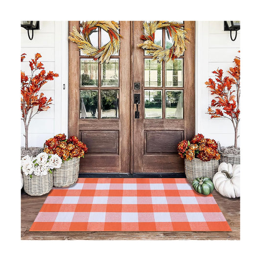 Orange and White Plaid Rug, 28'' x 43'' Fall Front Door Decor Mat, Cotton Washable Hand-Woven Door mat for Layered Doormat, Autumn Halloween Thanksgiving Carpet for Porch, Entryway