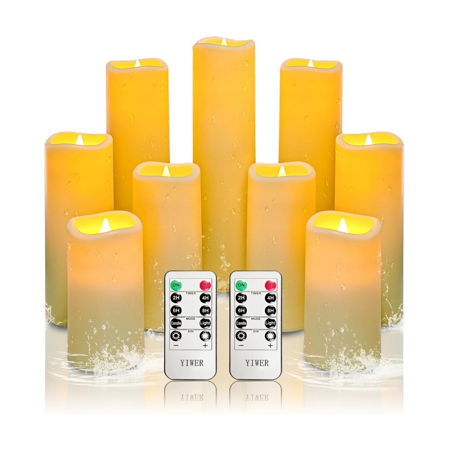 YIWER Waterproof Flameless Candles, Outdoor Battery Operated LED Pillars Candles, Electric Fake Candle Set of 9 with