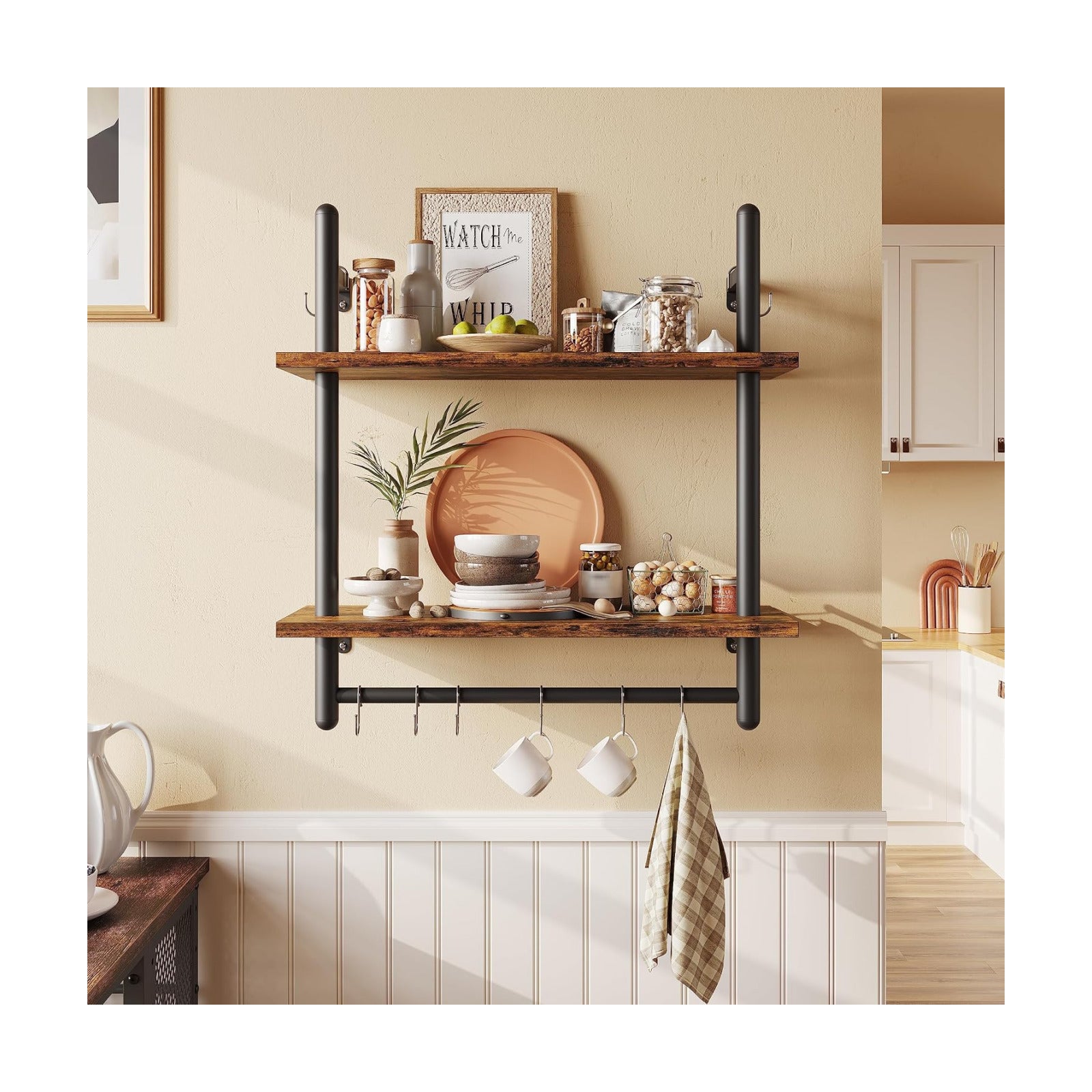 Bestier 24" Floating Kitchen Shelves Wall Mounted 2 Tier Coffee bar Shelves with 8 Hooks, Industrial Wall Shelf for