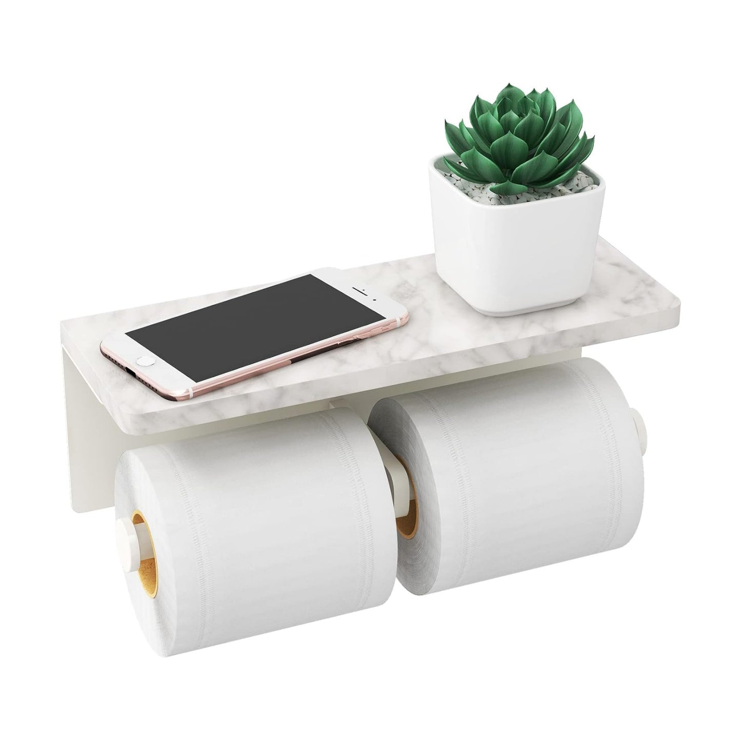 Gypie Double Toilet Paper Holder, Toilet Paper Wall Mount, White Marble | Toilet Paper Holder with Shelf, Stainless
