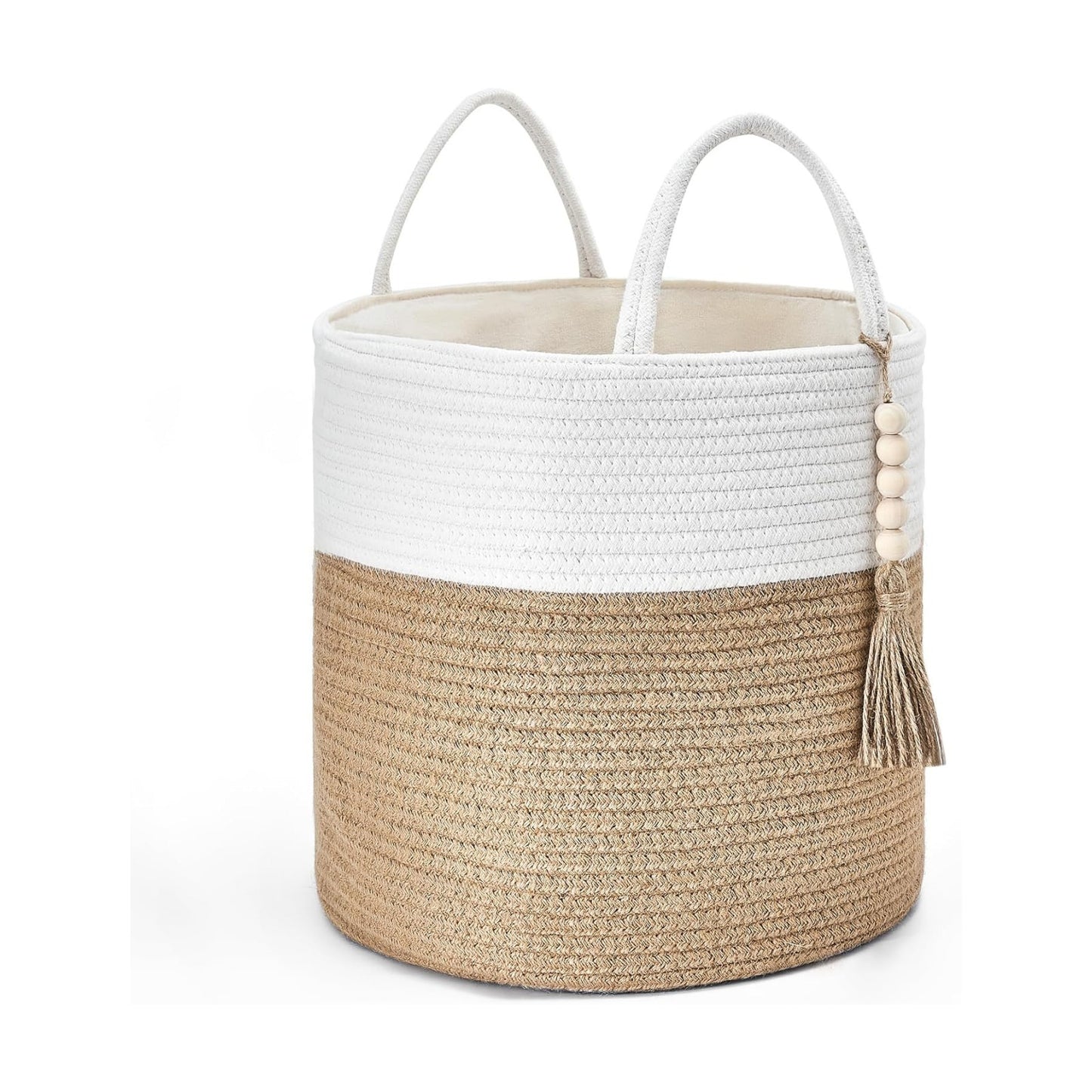 Woven Storage Basket Decorative Rope Basket Wooden Bead / Cream White and Brown / 11"W x 11"L