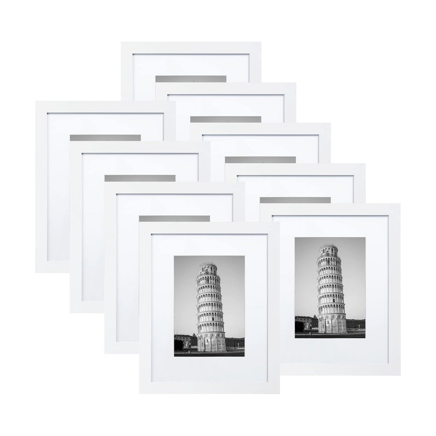 Wiscet Picture Frame Set of 9, 11x14 with Mat or 8x10, White, Classic Design, Engineered Wood, Wall Mount or Tabletop