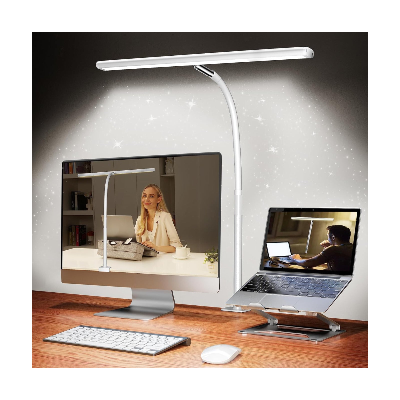 Airlonv LED Desk Lamp with Clamp, 17" Stepless Dimming Light, White | 2700K-6500K, 100 LEDs, 360° Gooseneck, Fits Up to