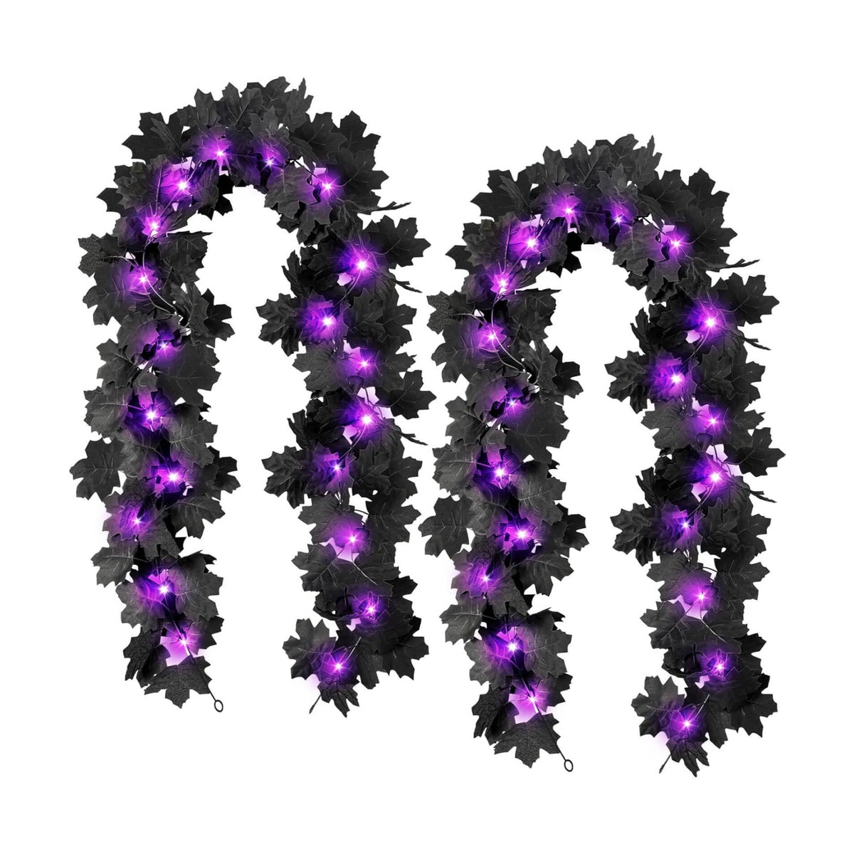 Halloween Black Leaf Garland with Purple Lights, 2 Pack