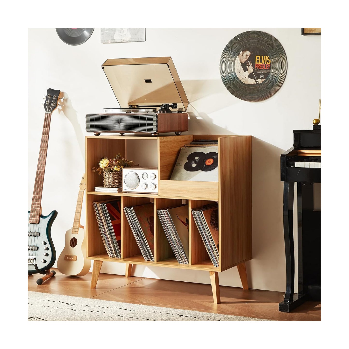 Large Record Player Stand Holds Up to 300 Albums | Natural Wood Turntable Stand, Vinyl Holder with Display Area, Record