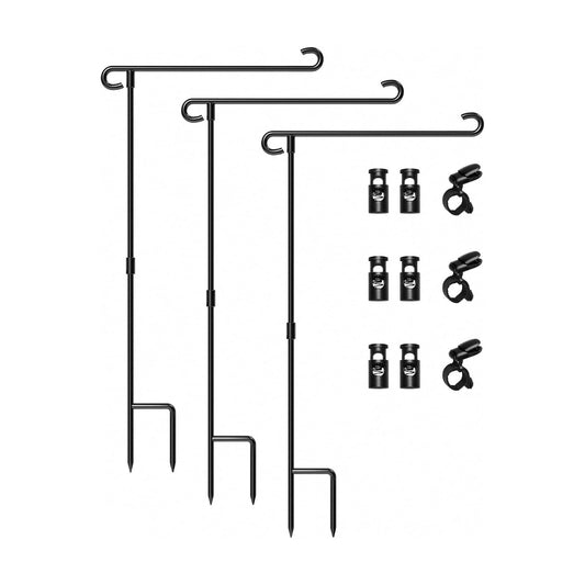 HOOSUN Garden Flag Stand Holder Pole Easy To Install Strong Sturdy Wrought Iron Fits 12.5" x 18" Mini Flag with 1 Tiger Clip Curved Hook With S Type (3 Pack)