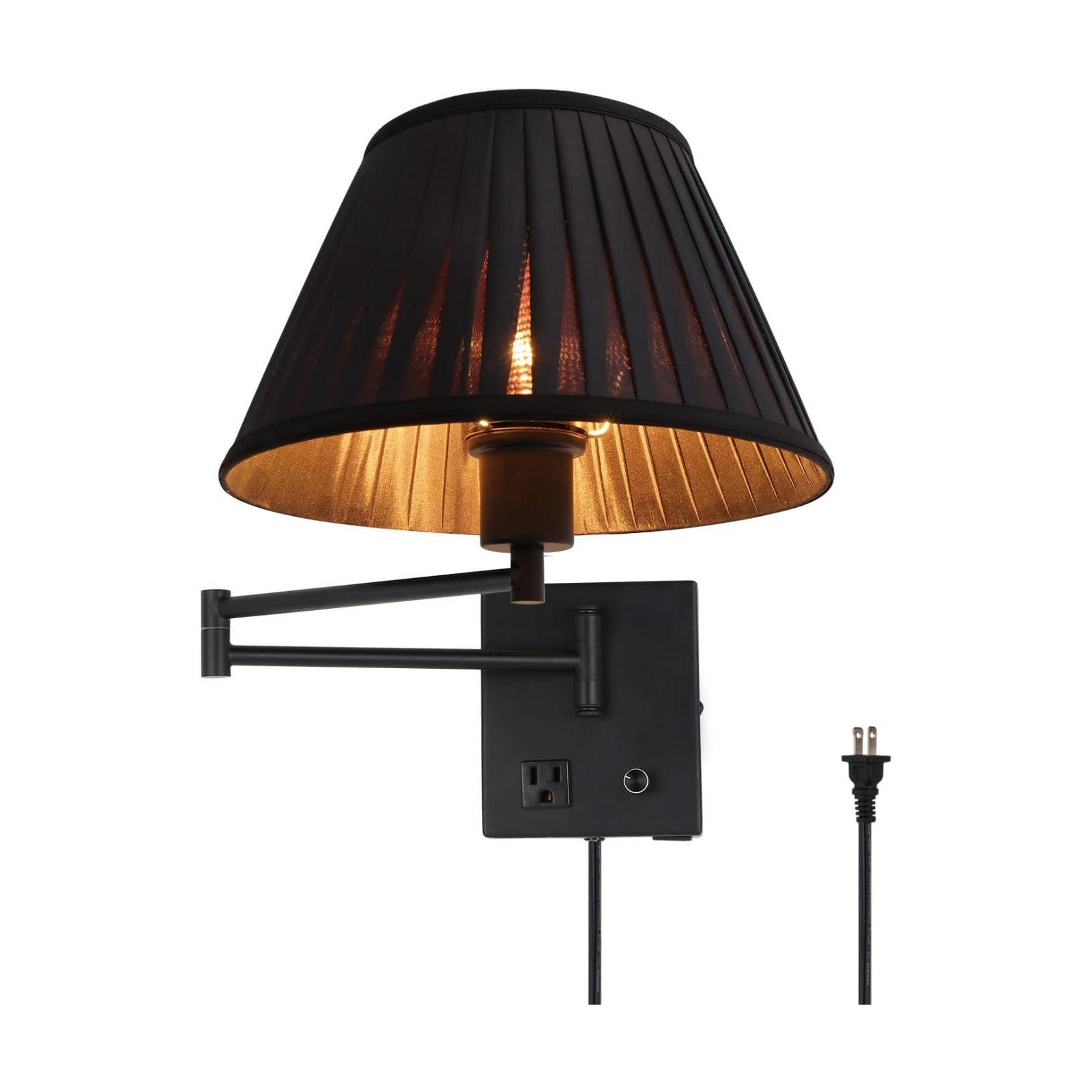 17" Swing Arm Wall Lamp USB & AC Outlet, Dimmable, Black | Adjustable Swing Arm Rotary dimmer sets Plug-in bedside