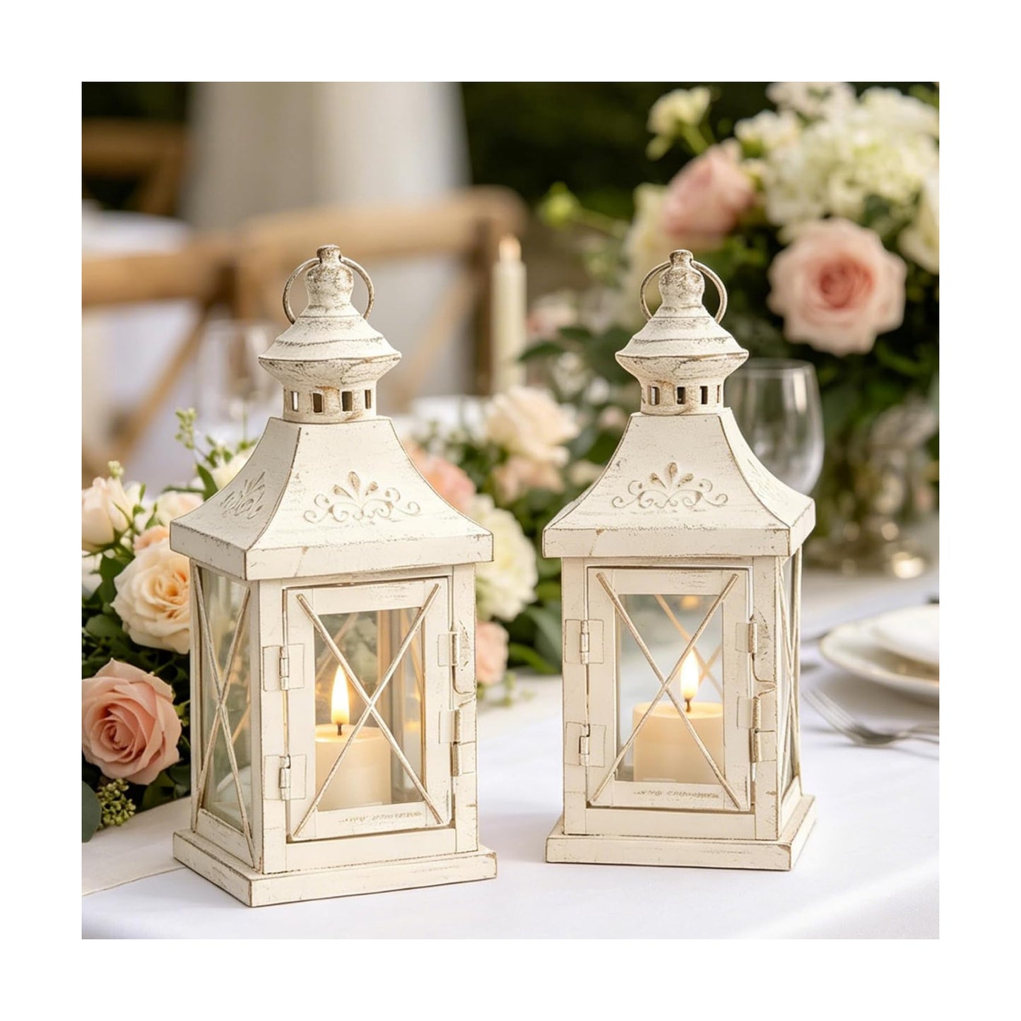 TRIROCKS Set of 2 Decorative Candle Lantern 11'' High Metal Candle Holder Hanging Lantern Perfect for Home Decor