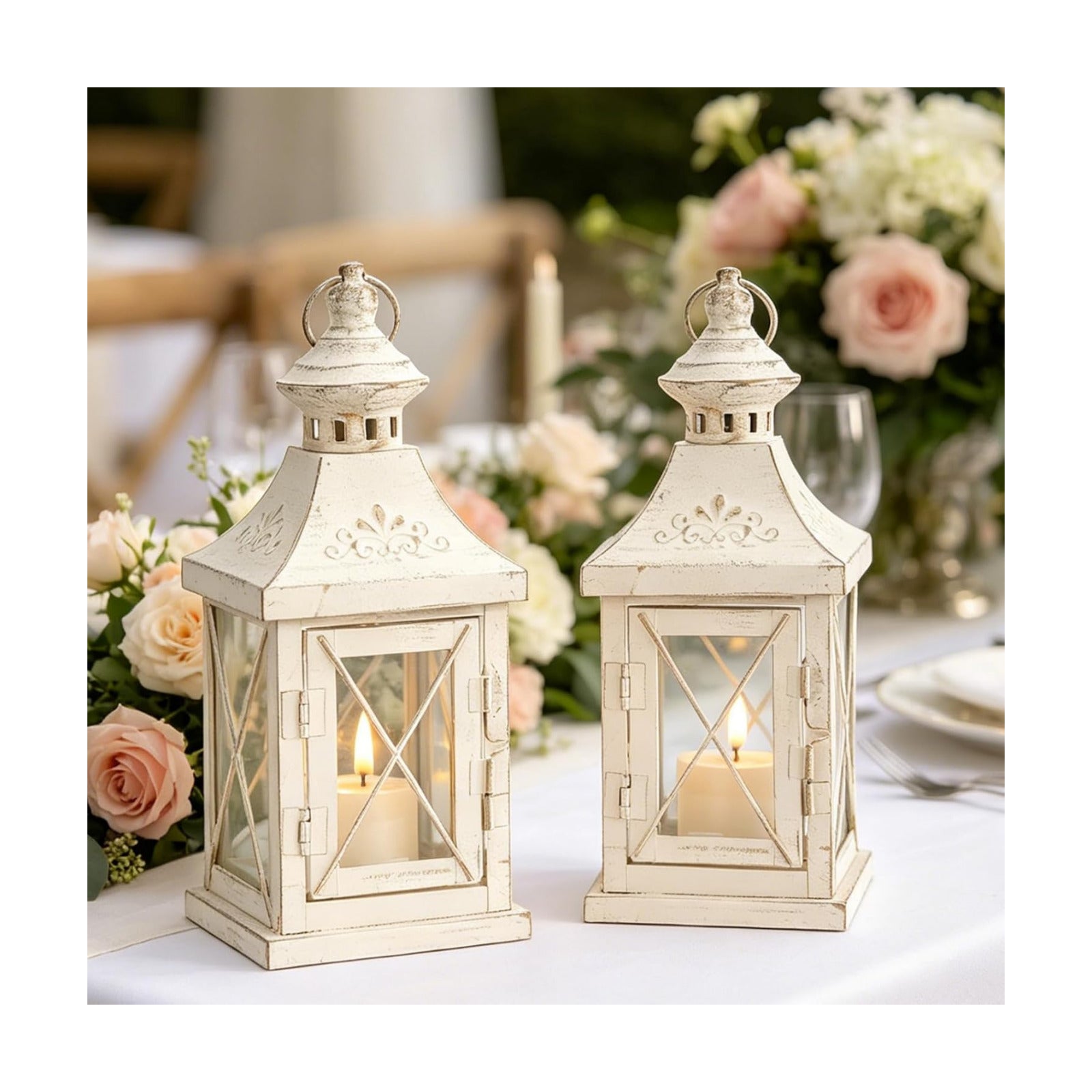 TRIROCKS Set of 2 Decorative Candle Lantern 11'' High Metal Candle Holder Hanging Lantern Perfect for Home Decor