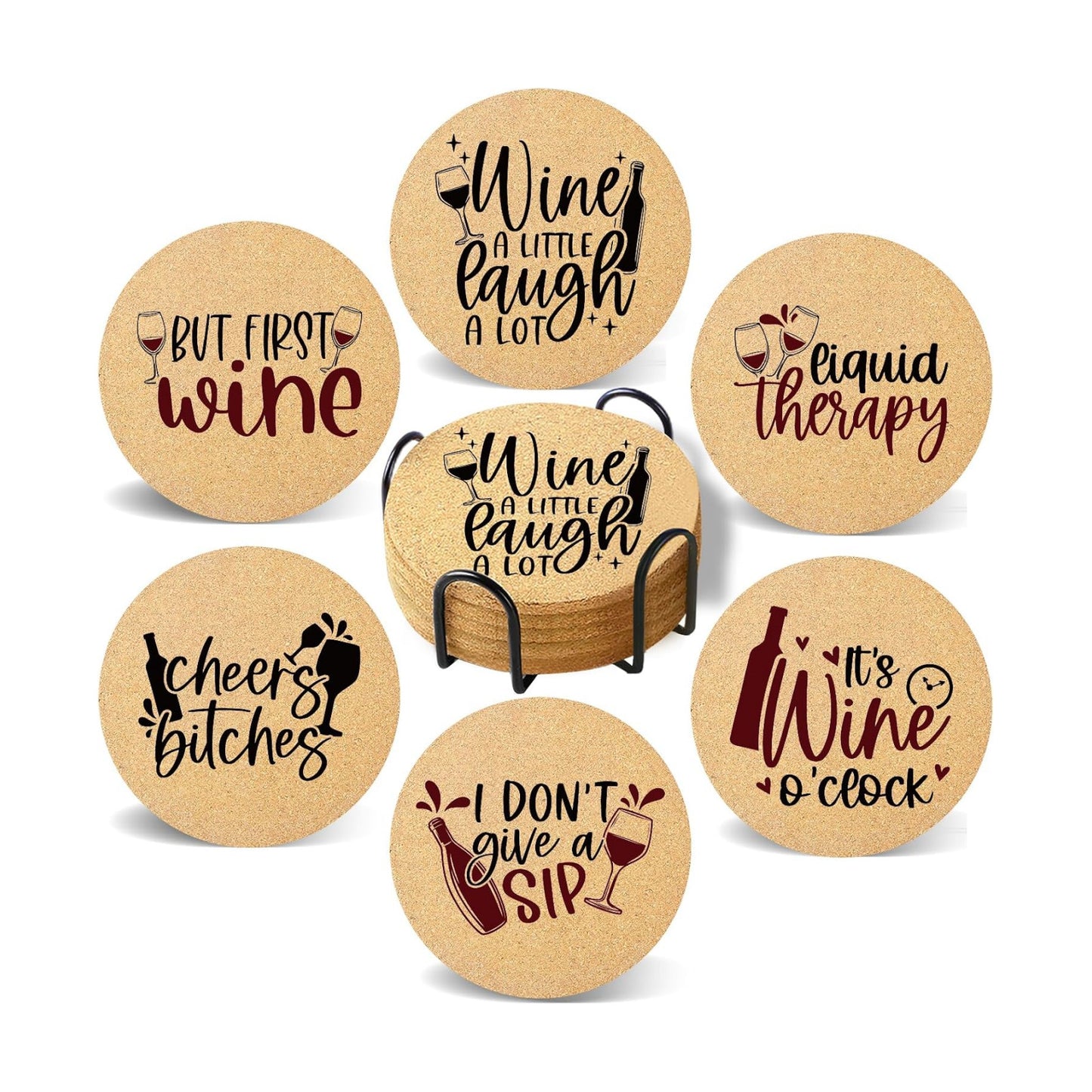 Holder / Absorbent Cork Wood Coaster for Cup Desk Office Table Kitchen Decor / Wine / Set of 6