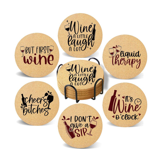 Holder / Absorbent Cork Wood Coaster for Cup Desk Office Table Kitchen Decor / Wine / Set of 6