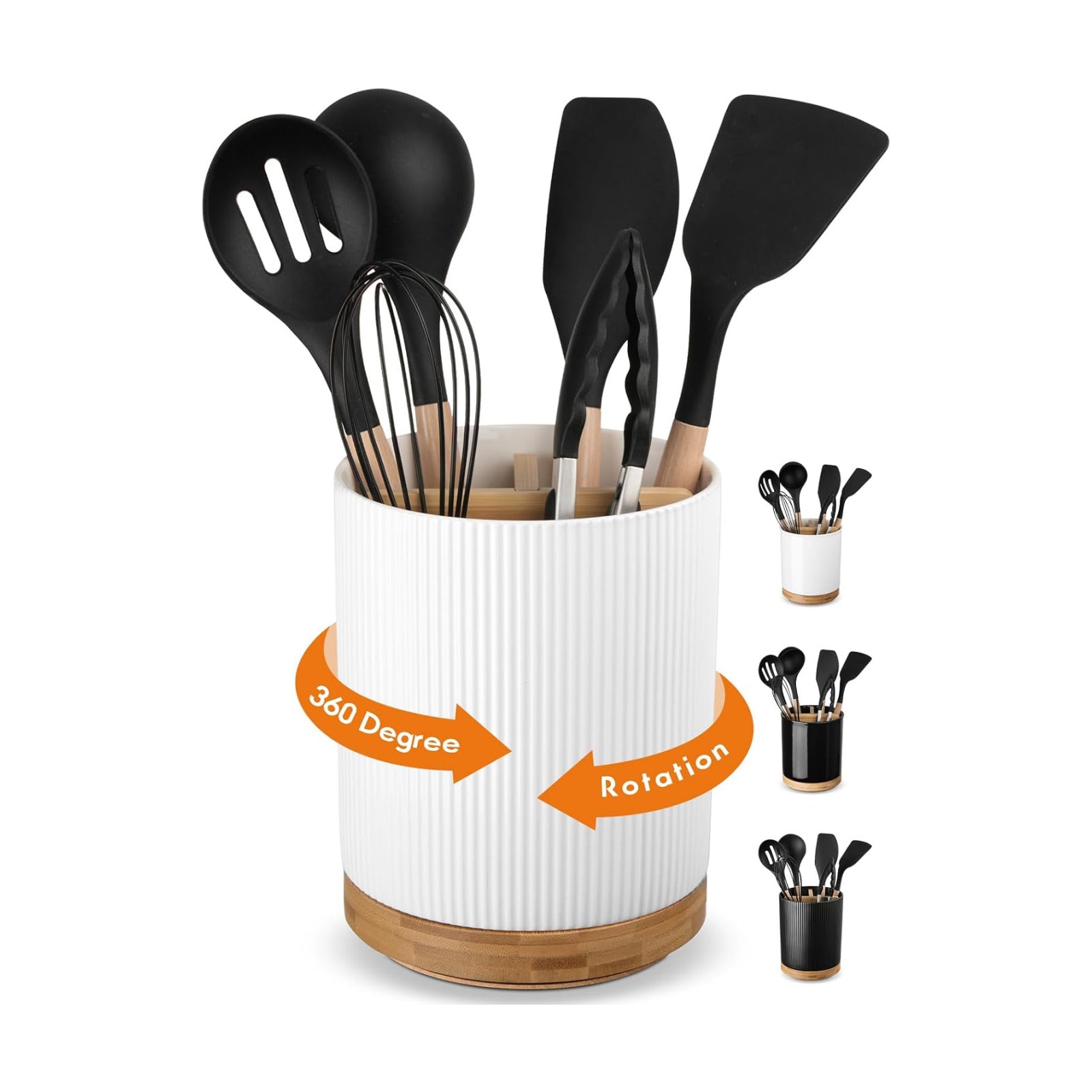 LoeJan 7.5" Utensil Holder, 3 Compartment Ceramic Kitchen Utensil Holder with Cork Bottom, Large Utensil Crock for