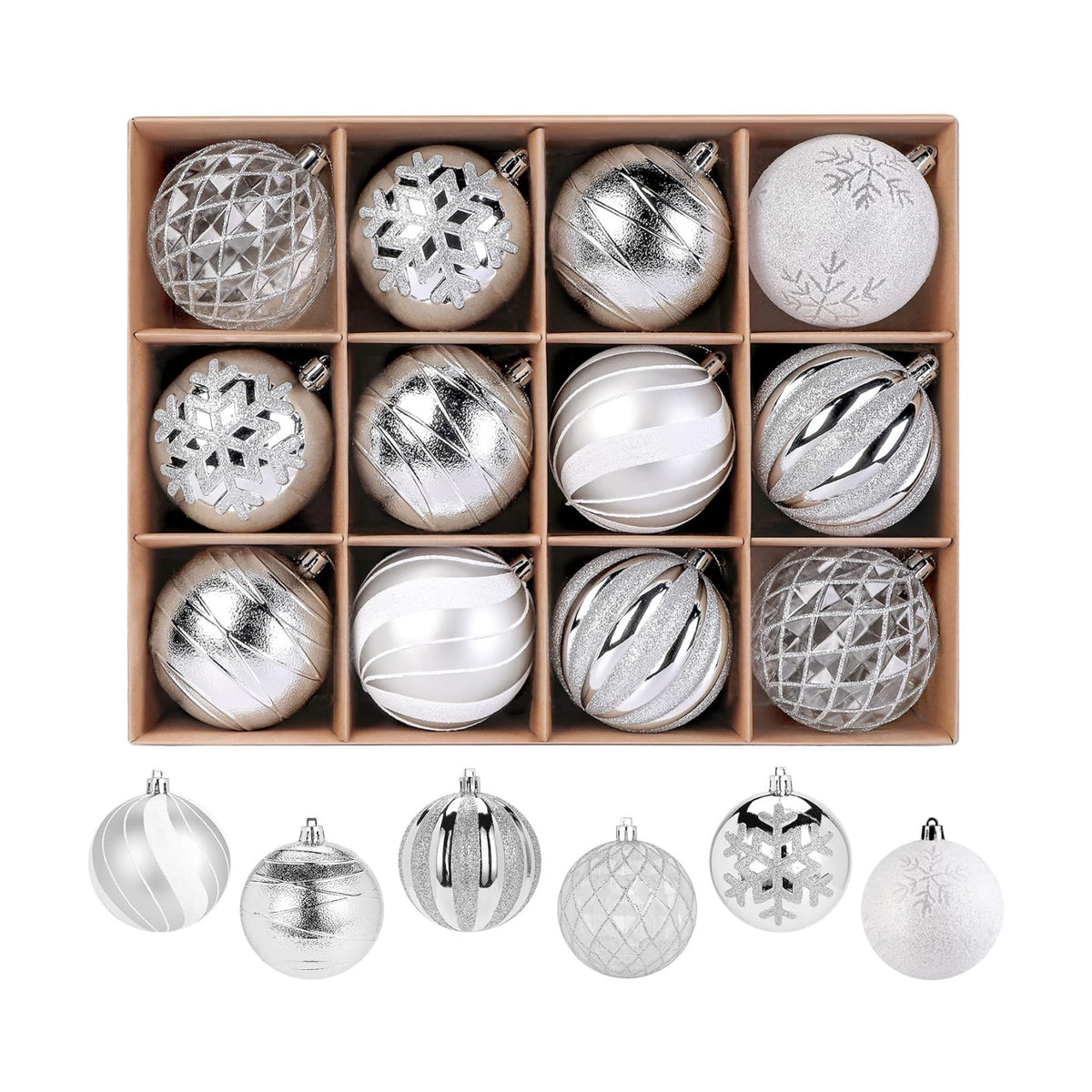 SHareconn 12ct 3.15 Inch Christmas Tree Balls Ornaments, Silver&White, 80mm