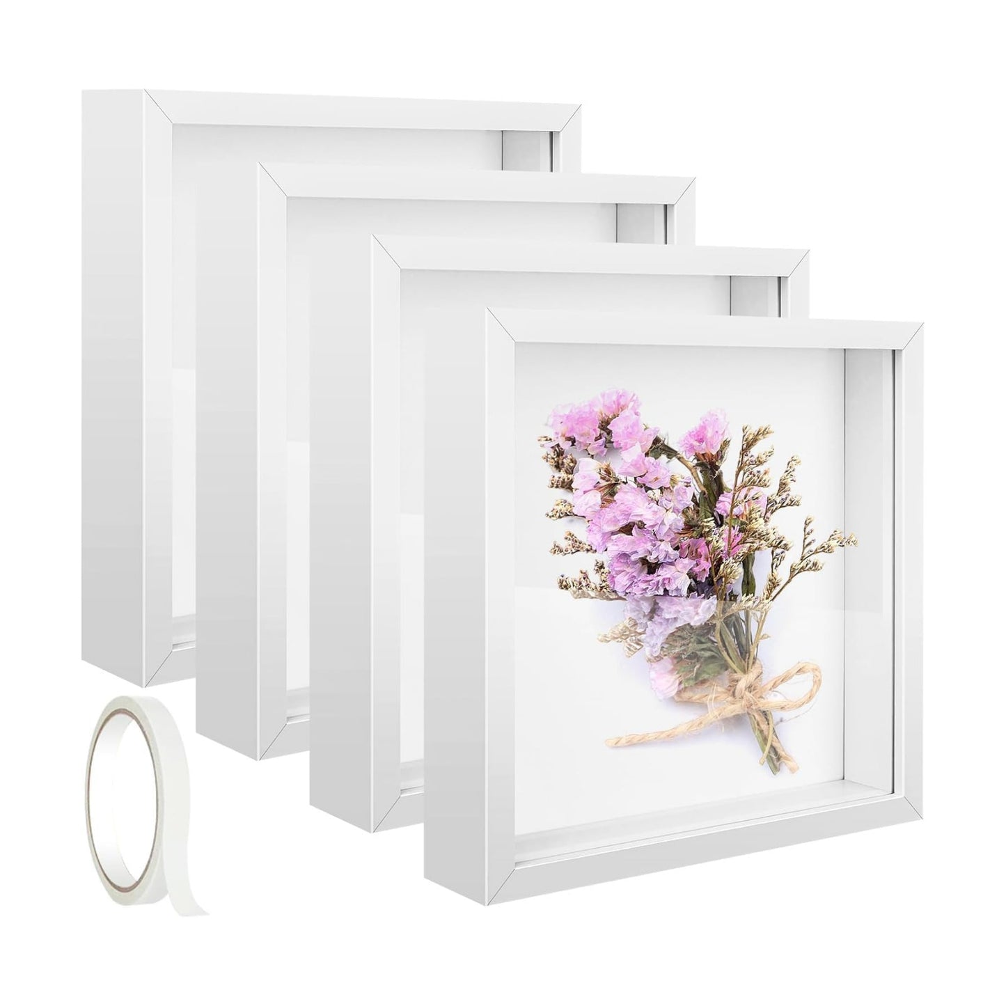 4 Pack 8 x 8in Shadow Box Picture Frame 3D Frames Shadow Box Square Acrylic Shadow Boxes Display Cases with Adhesive
