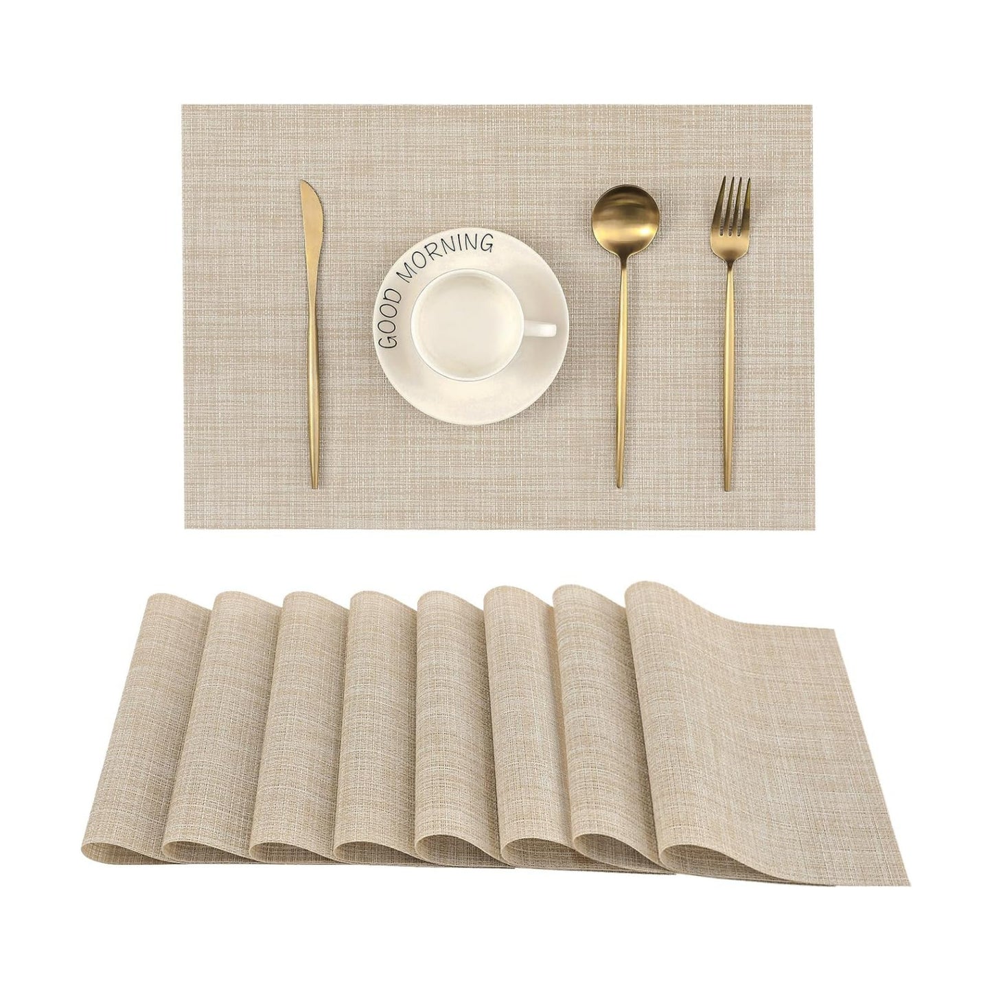 Leetaltree Beige Placemats Set of 8 - Heat Resistant Non-Slip Place mats for Dining Table, Washable Durable PVC Vinyl