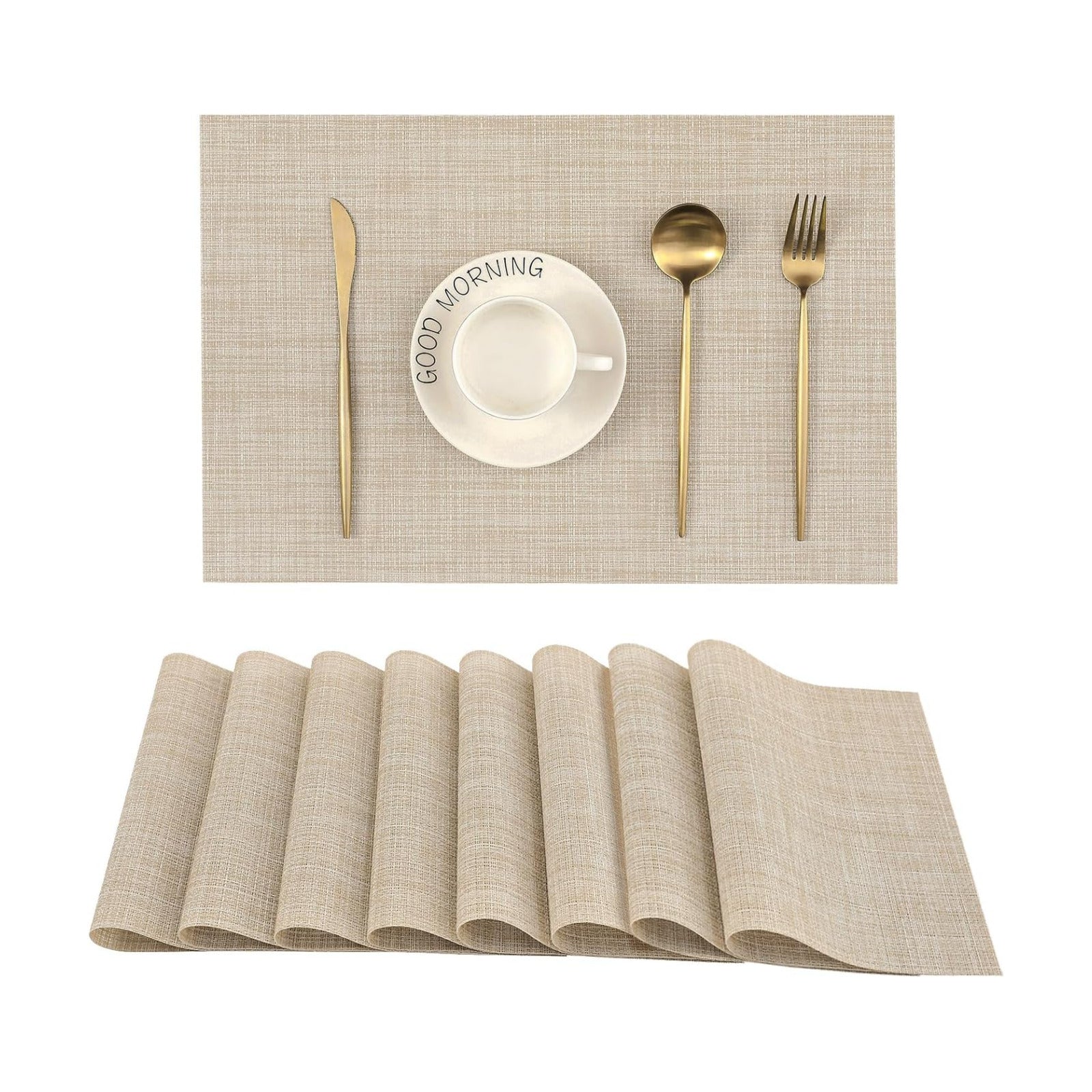 Leetaltree Beige Placemats Set of 8 - Heat Resistant Non-Slip Place mats for Dining Table, Washable Durable PVC Vinyl