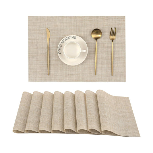 Leetaltree Beige Placemats Set of 8 - Heat Resistant Non-Slip Place mats for Dining Table, Washable Durable PVC Vinyl